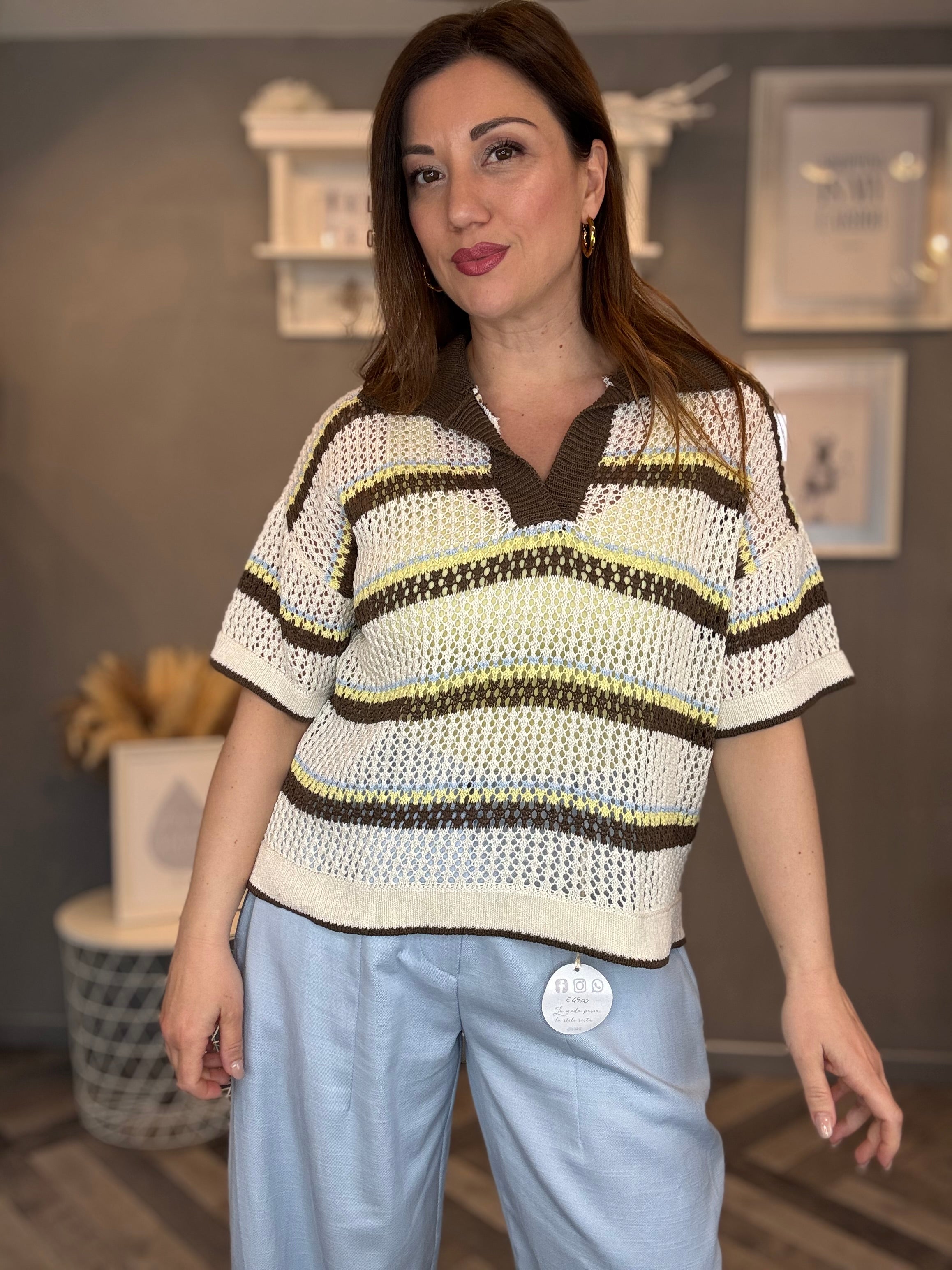Maglia polo moro traforata a righe