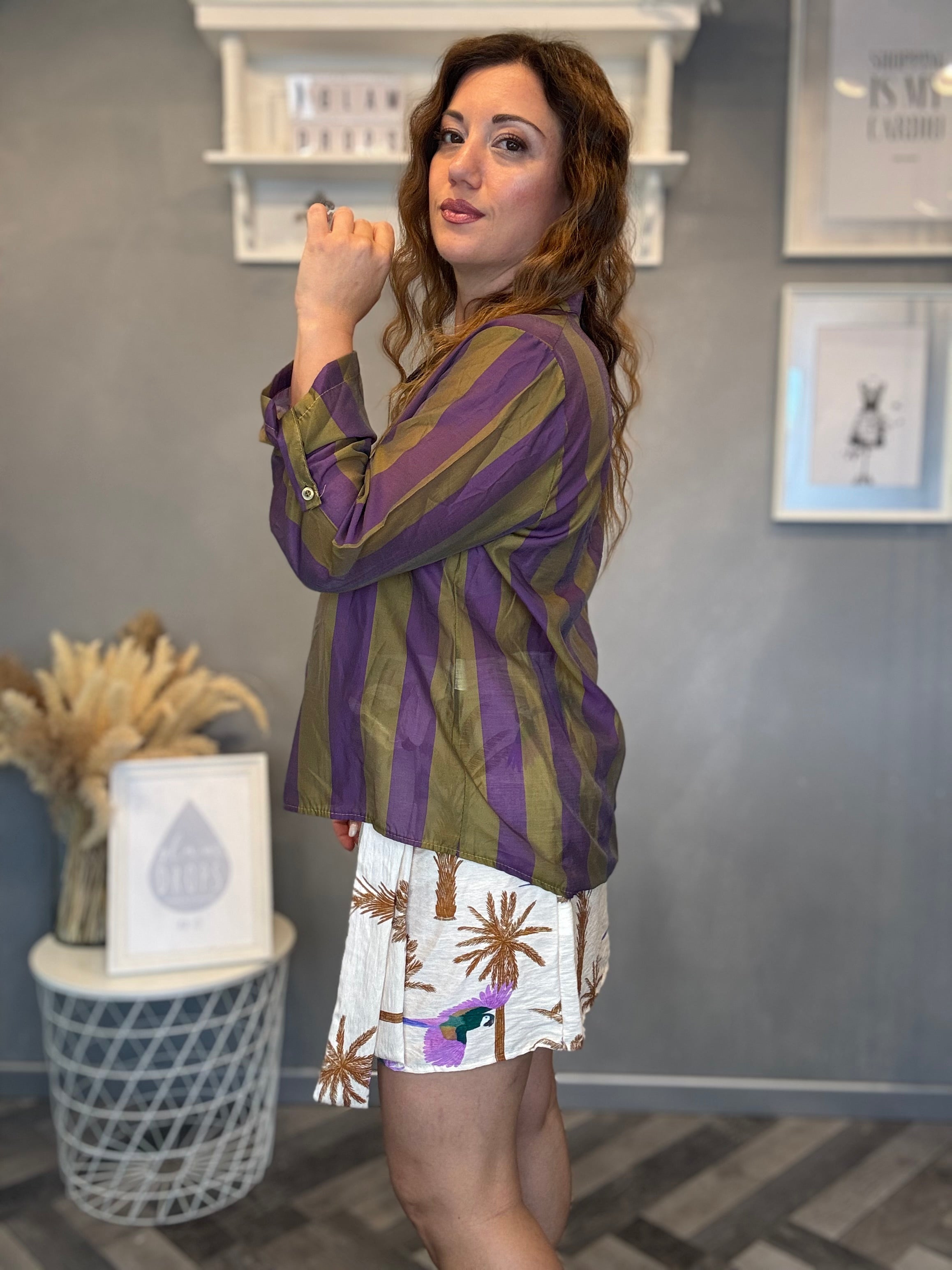 Camicia Isla Bonita bande roll-up viola e oliva
