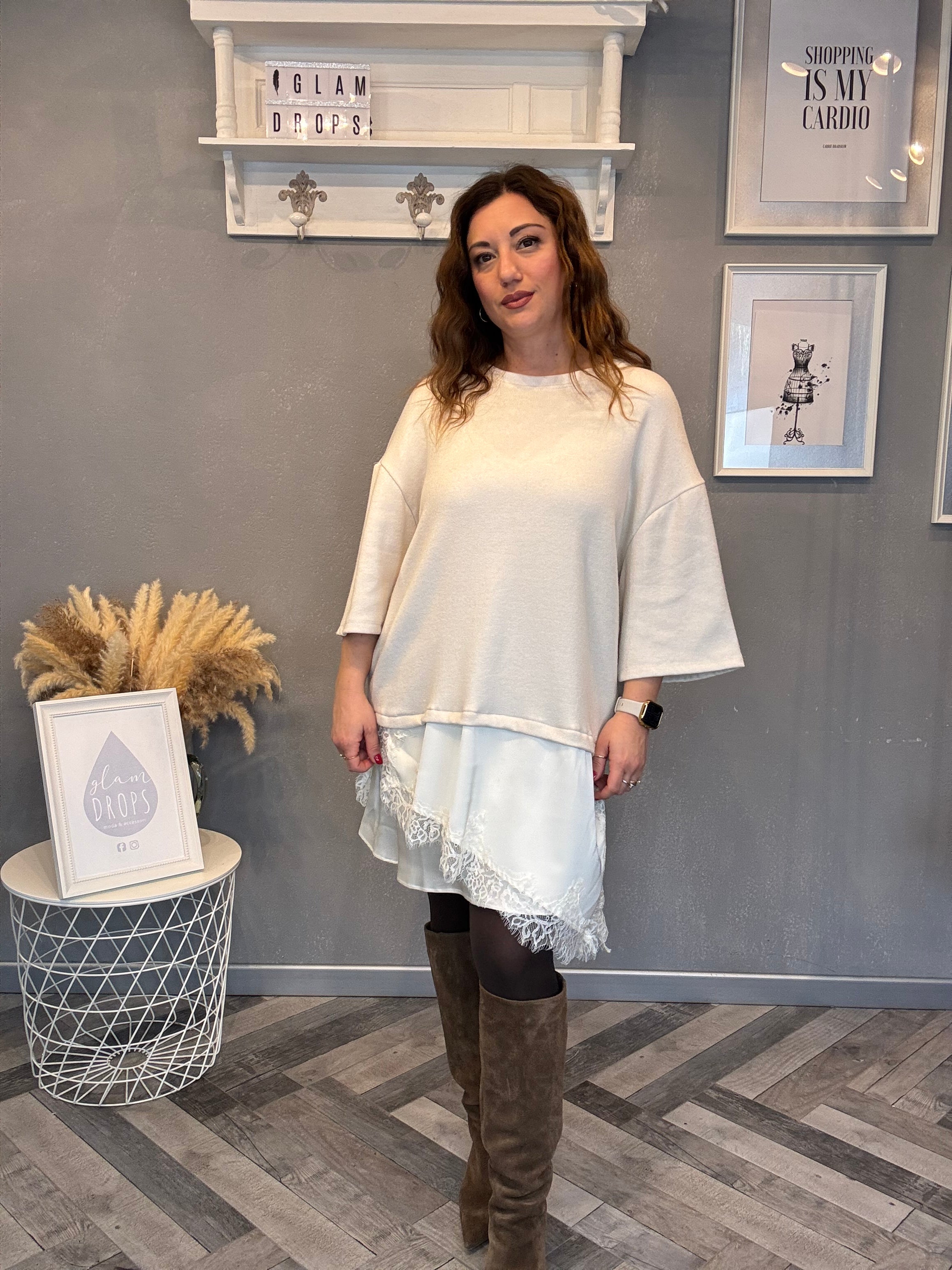 Maxi Maglia con satin e pizzo panna