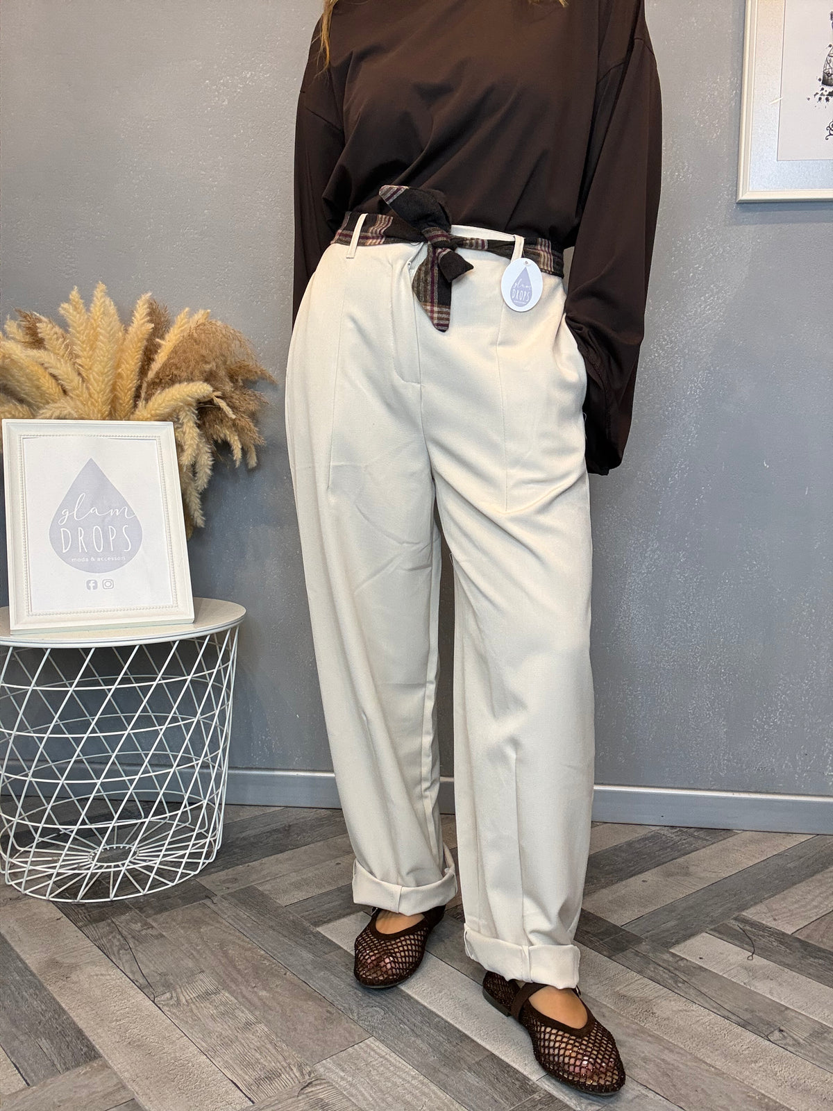 Pantalone check detail burro