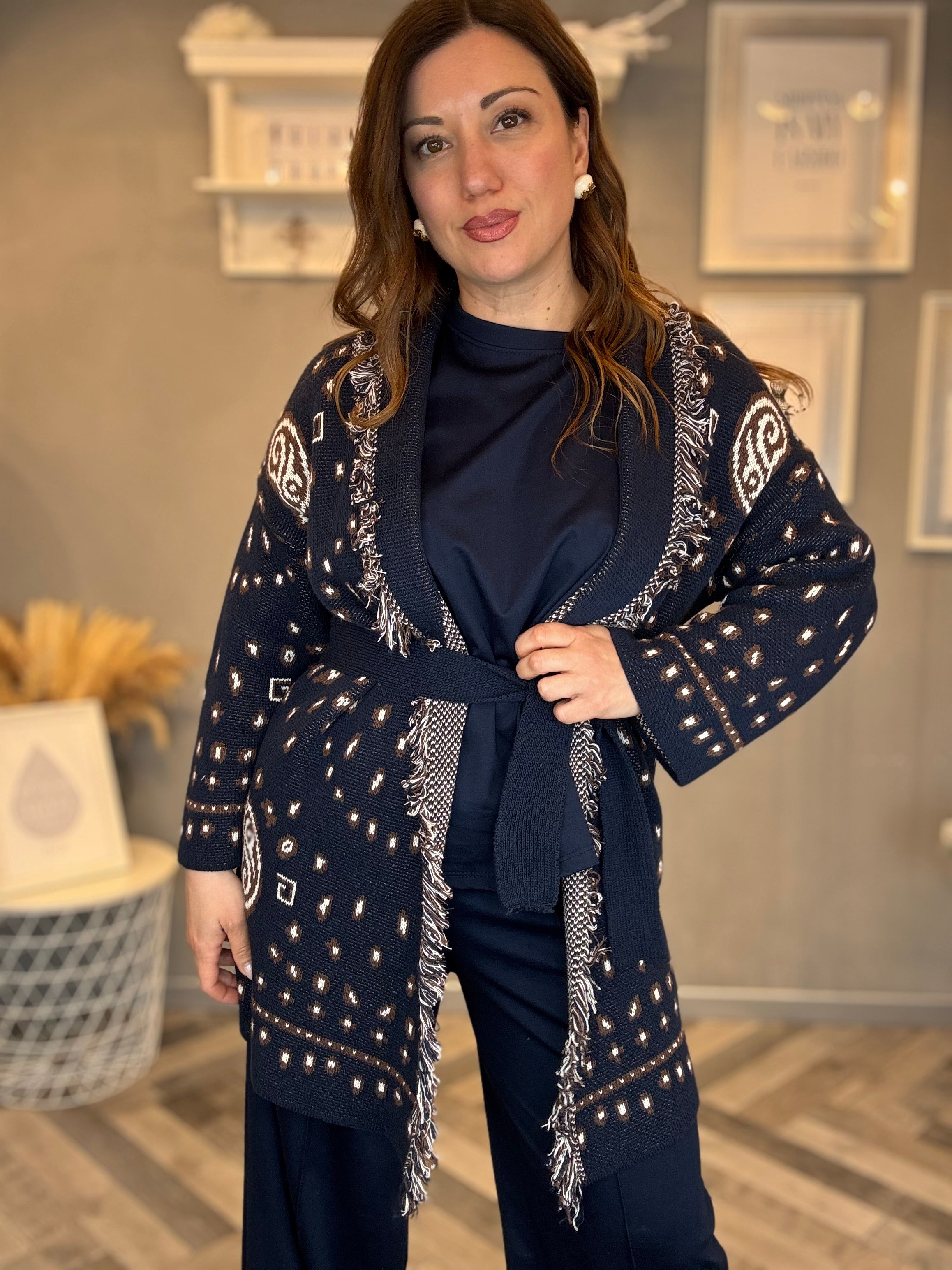 Cardigan jacquard blu con frange