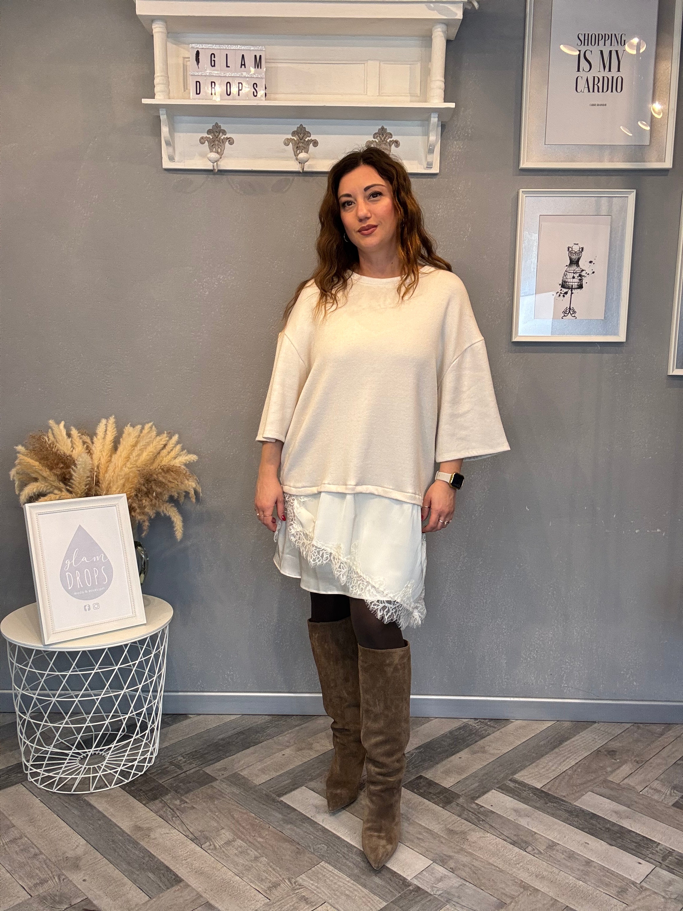 Maxi Maglia con satin e pizzo panna