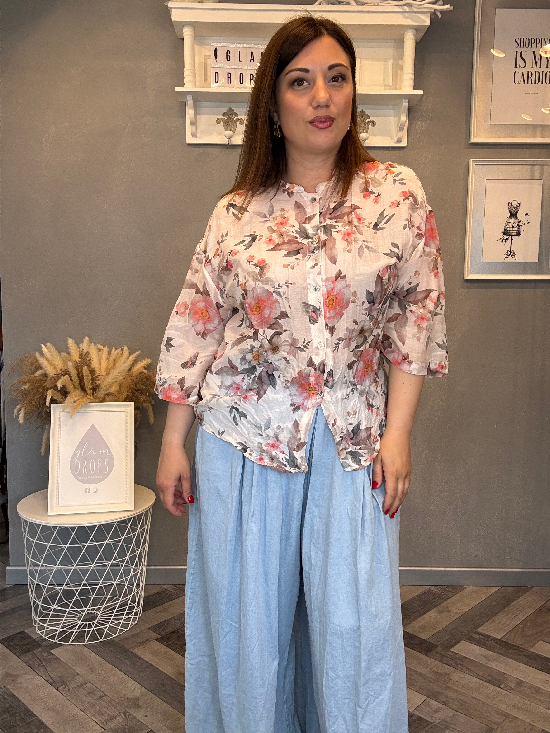 Camicia misto seta fiori corallo