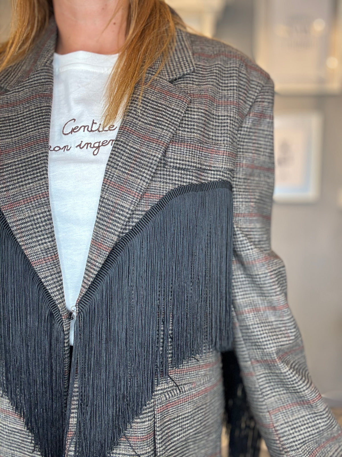 Lumina blazer check Dakota frange nere