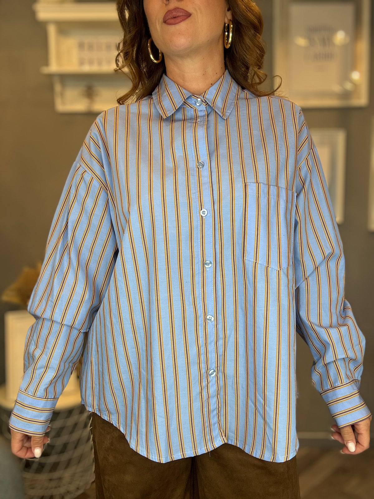 Camicia over celeste righe senape e bordeaux