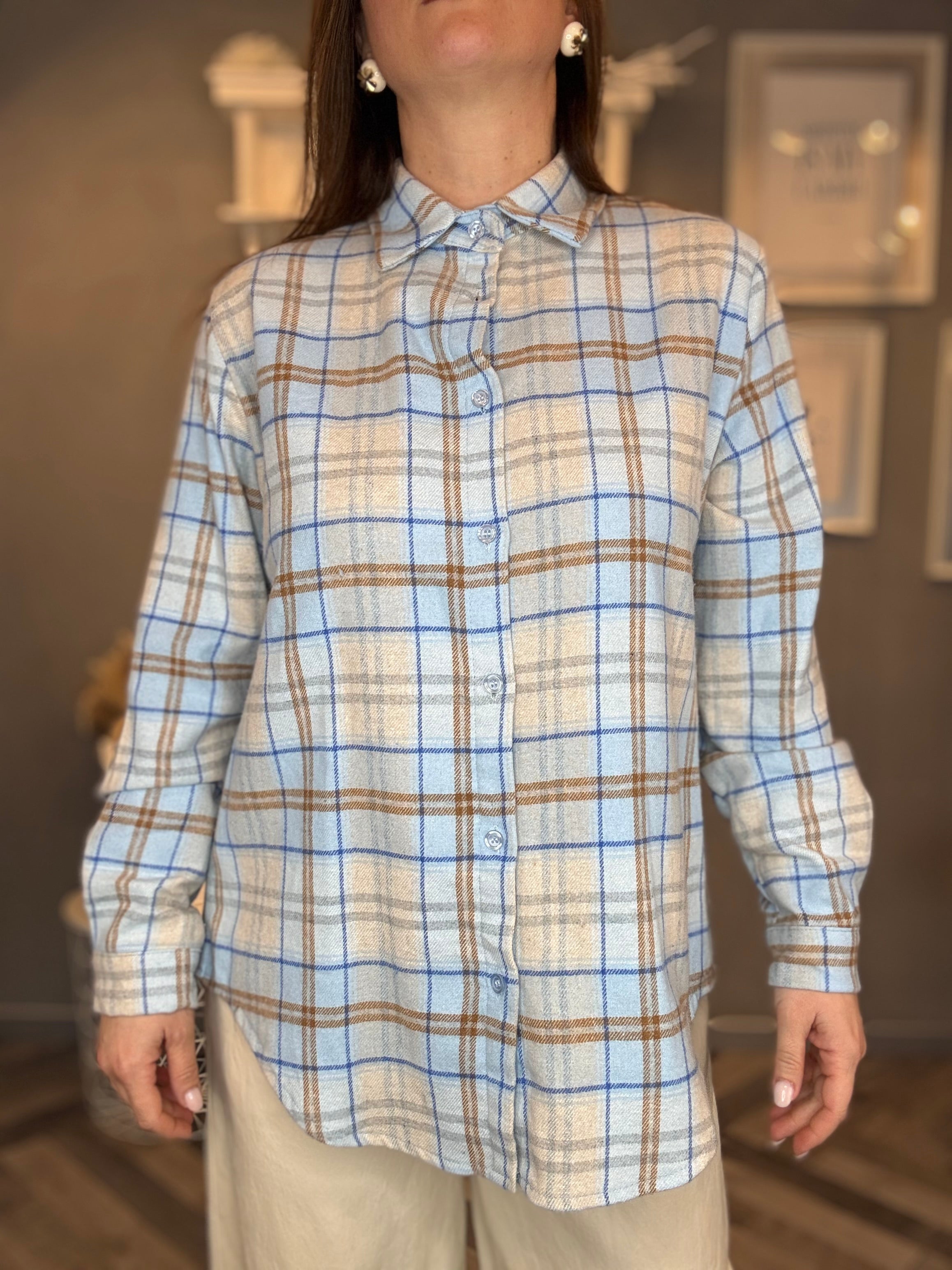 Camicia flanella check celeste
