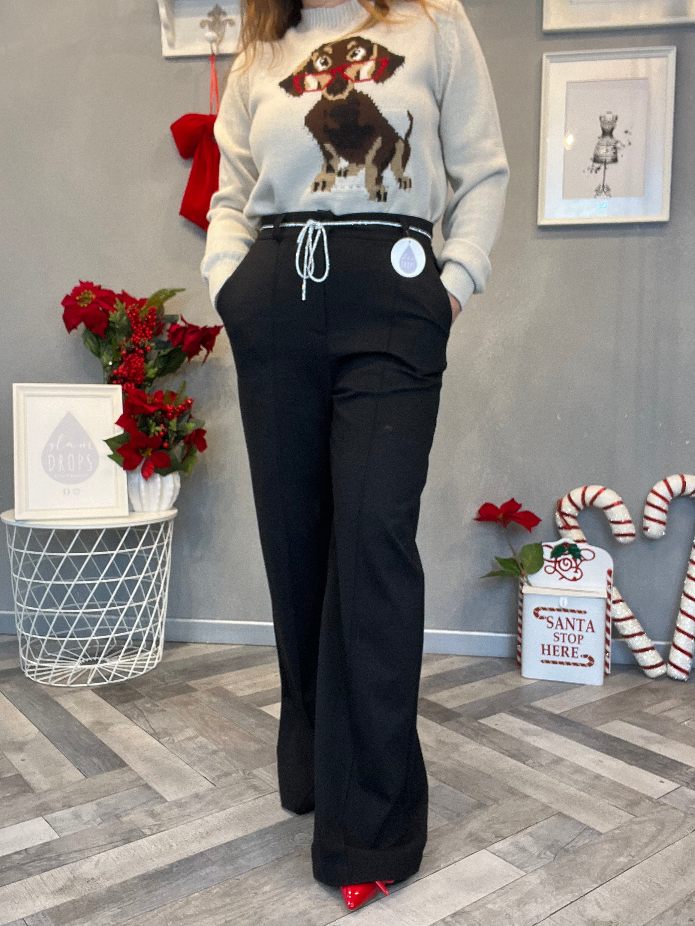 Pantalone palazzo punto Milano nero con cintina di strass