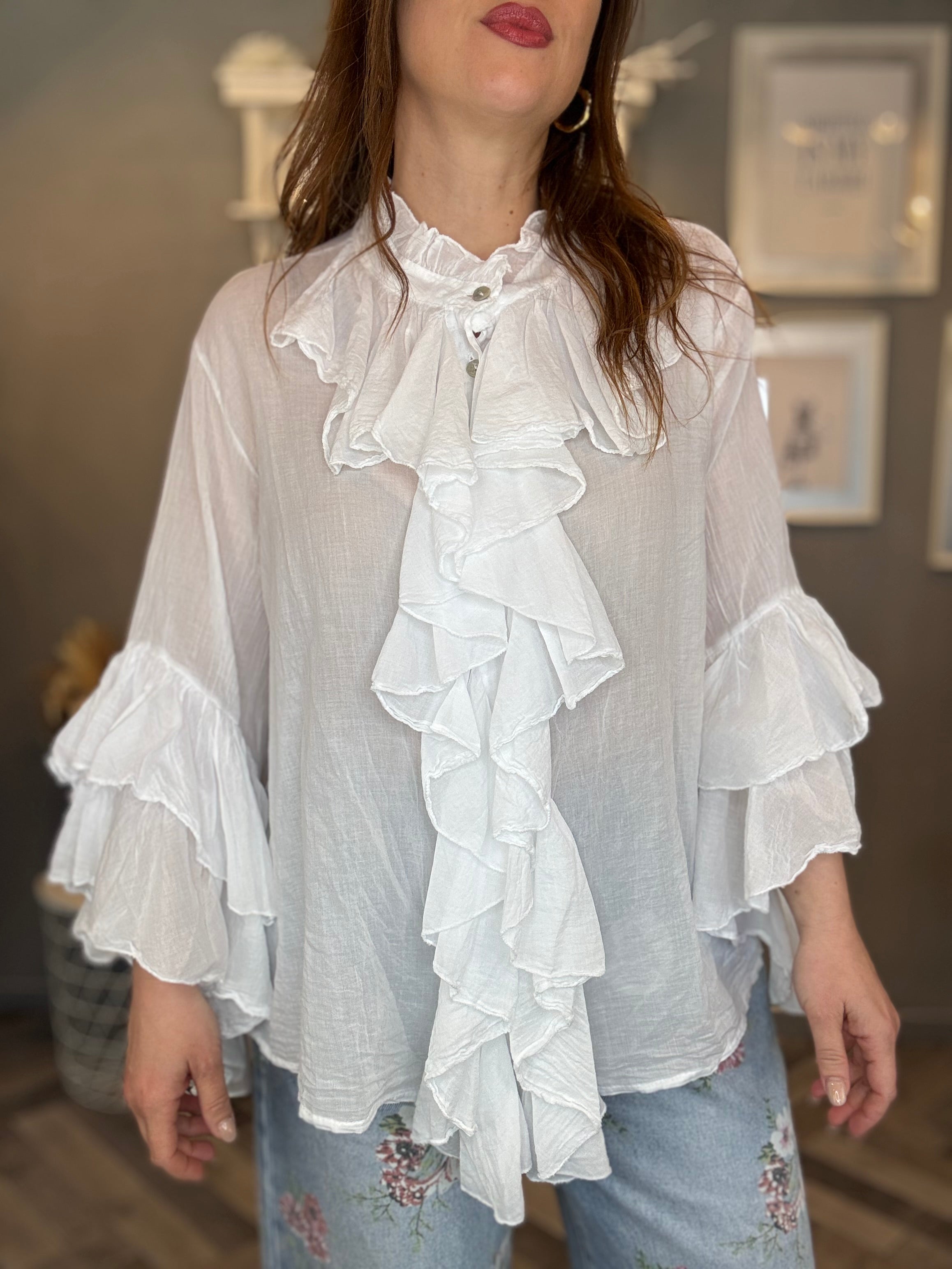 Blusa camicia volant bianca