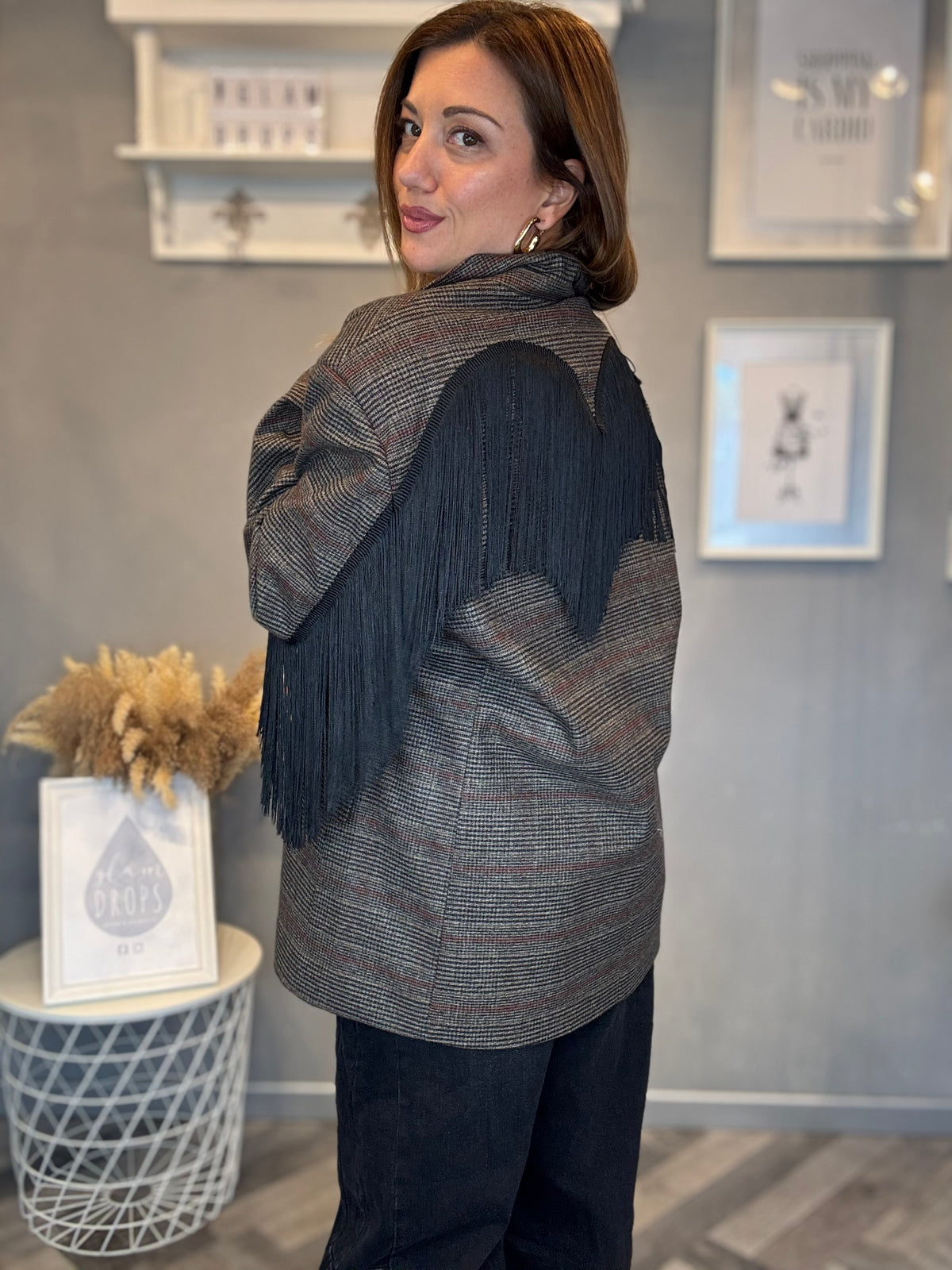 Lumina blazer check Dakota frange nere