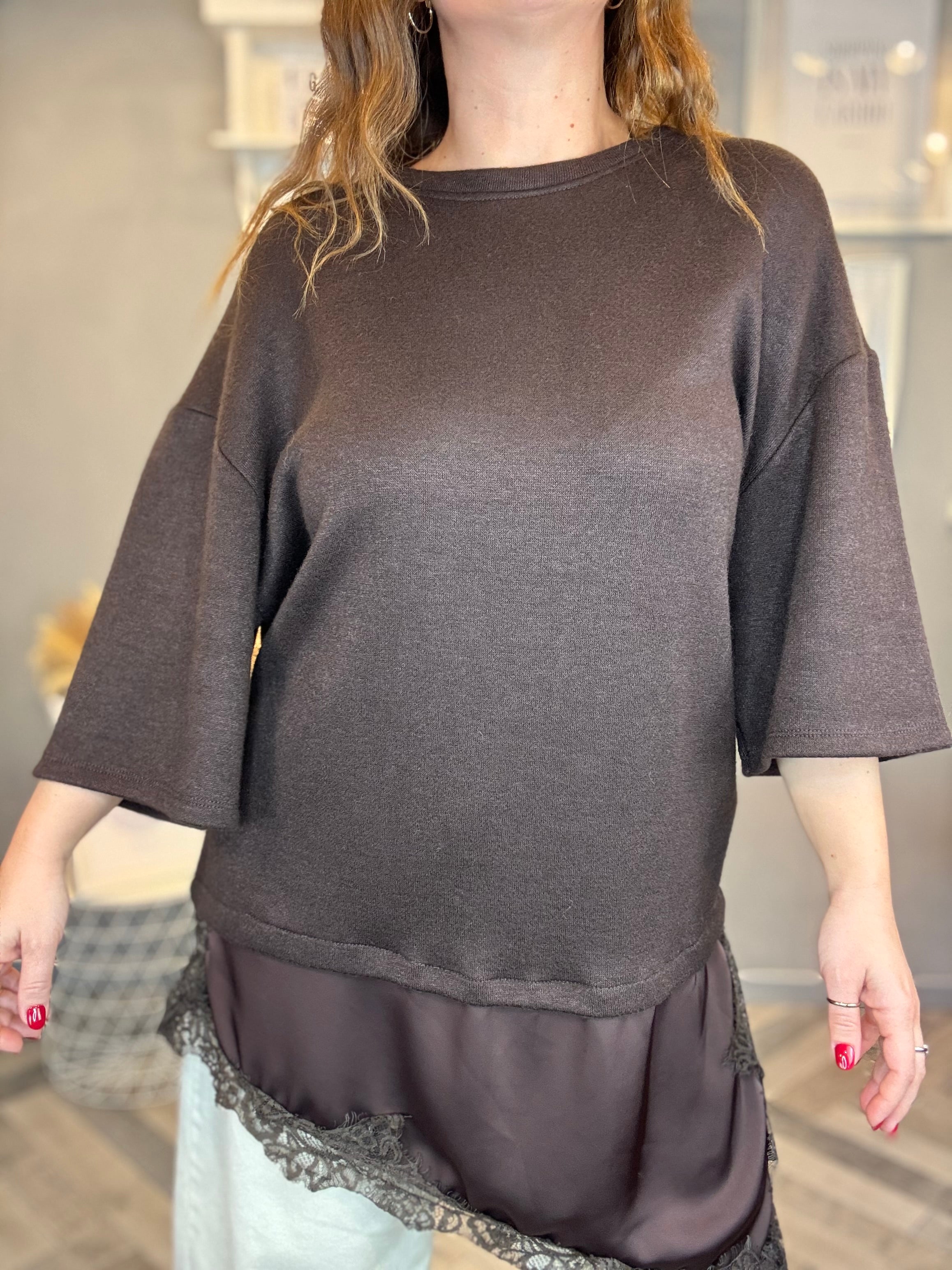 Maxi Maglia con satin e pizzo cioccolato