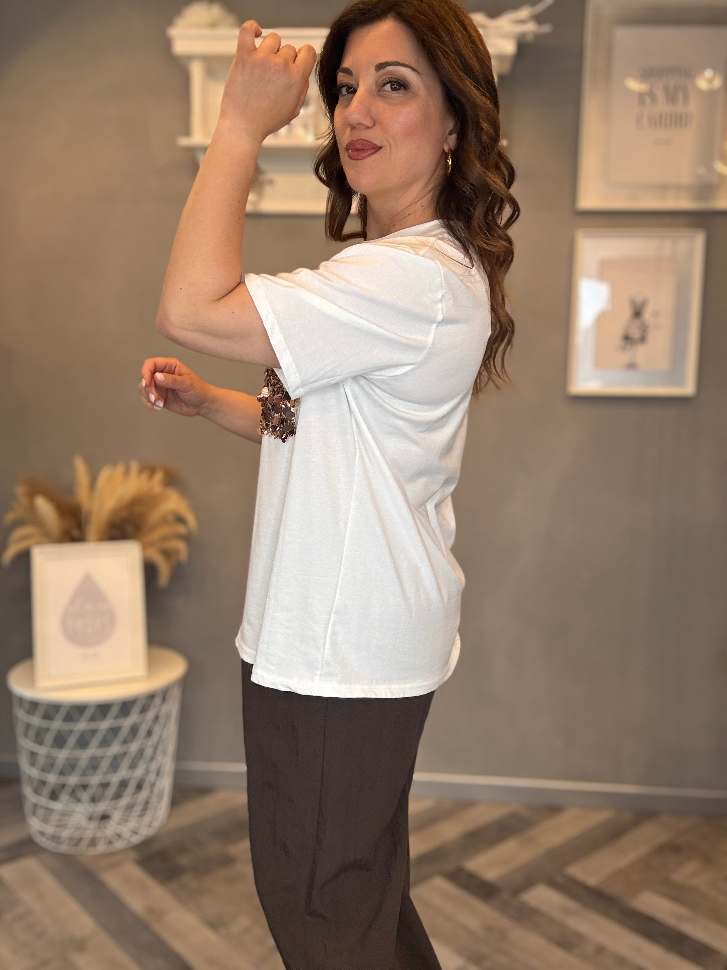 T-shirt tasca paillettes oro rosa