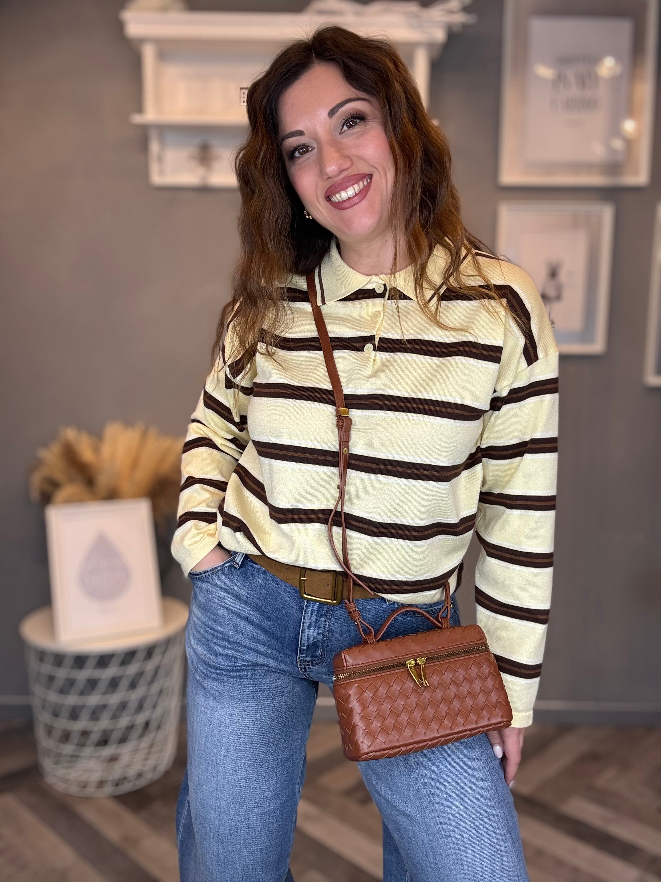 Maglia polo gialla a righe marroni
