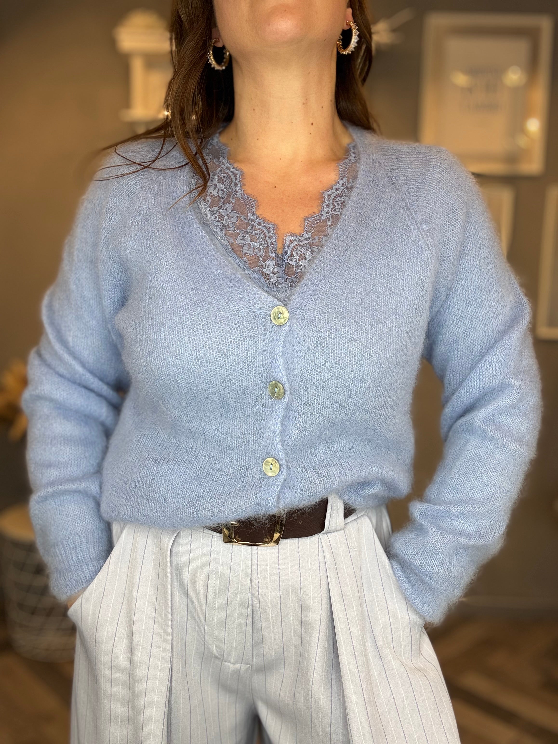 Cardigan in kid mohair celeste polvere