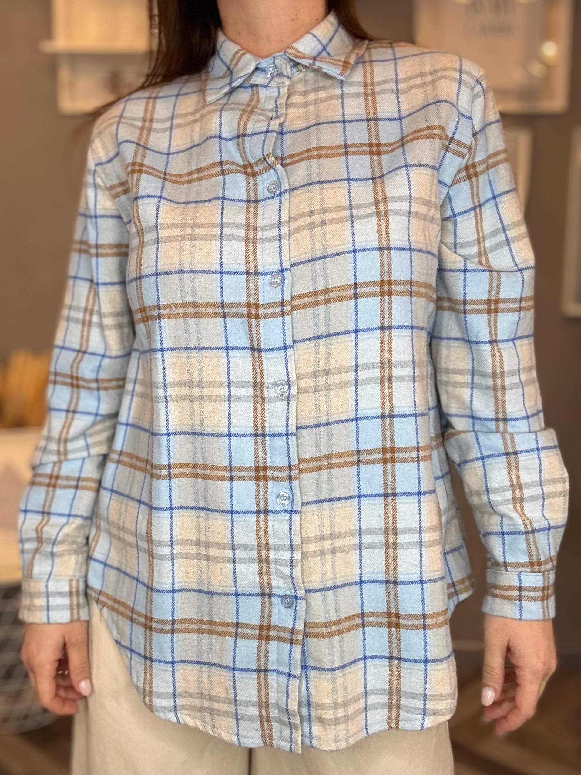 Camicia flanella check celeste