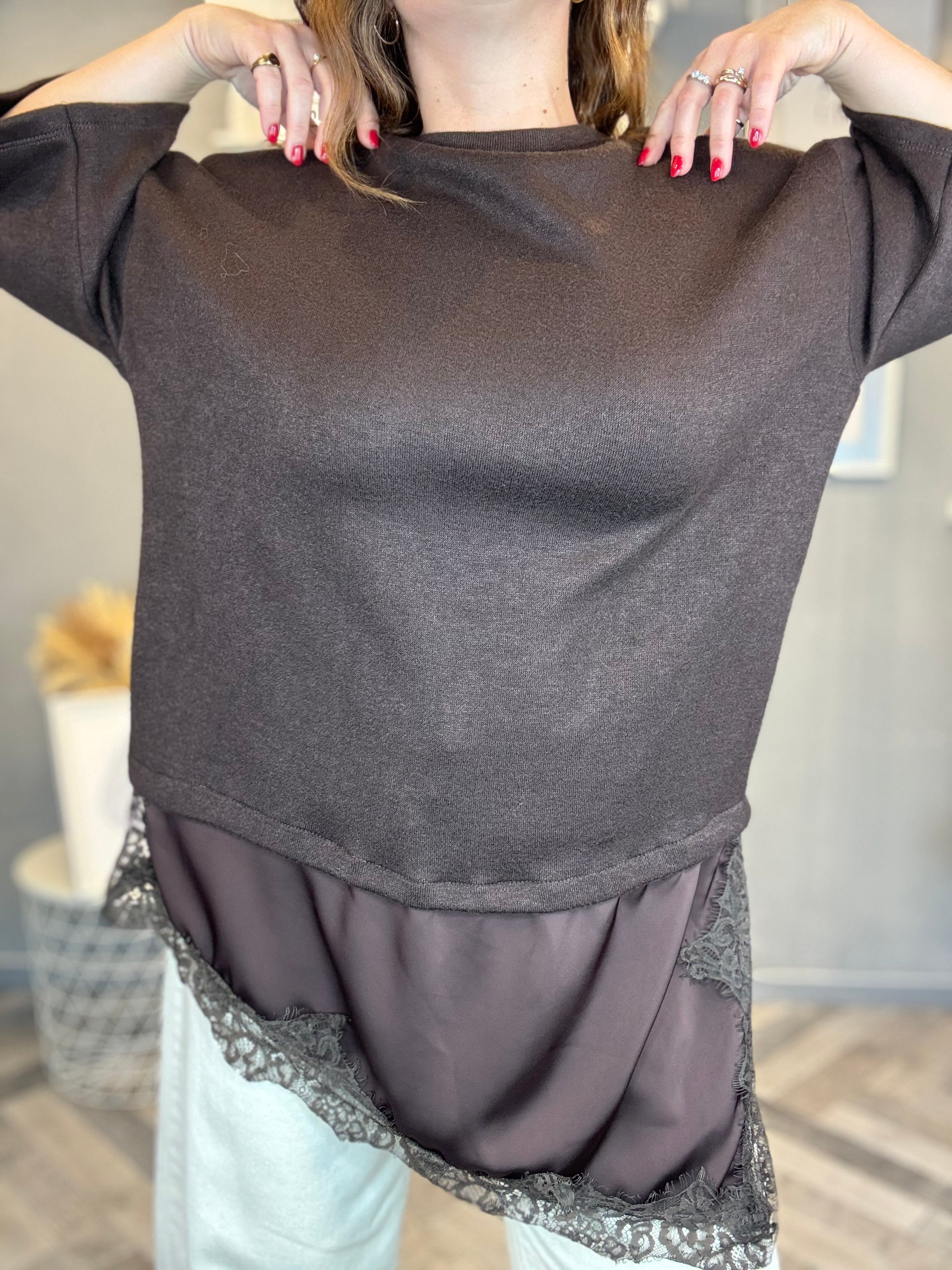 Maxi Maglia con satin e pizzo cioccolato