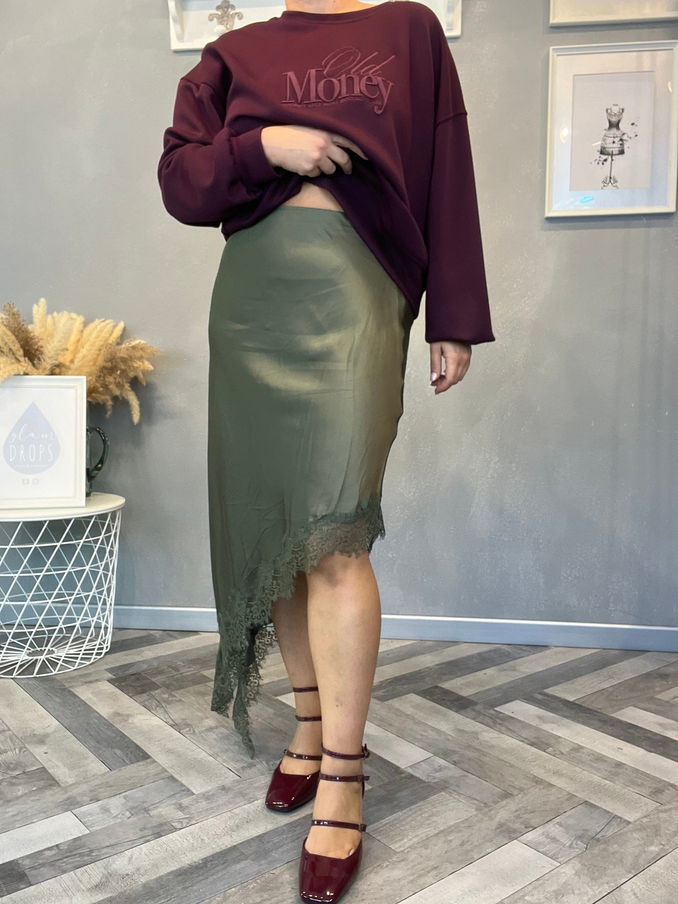 Lumina gonna raso e pizzo verde militare