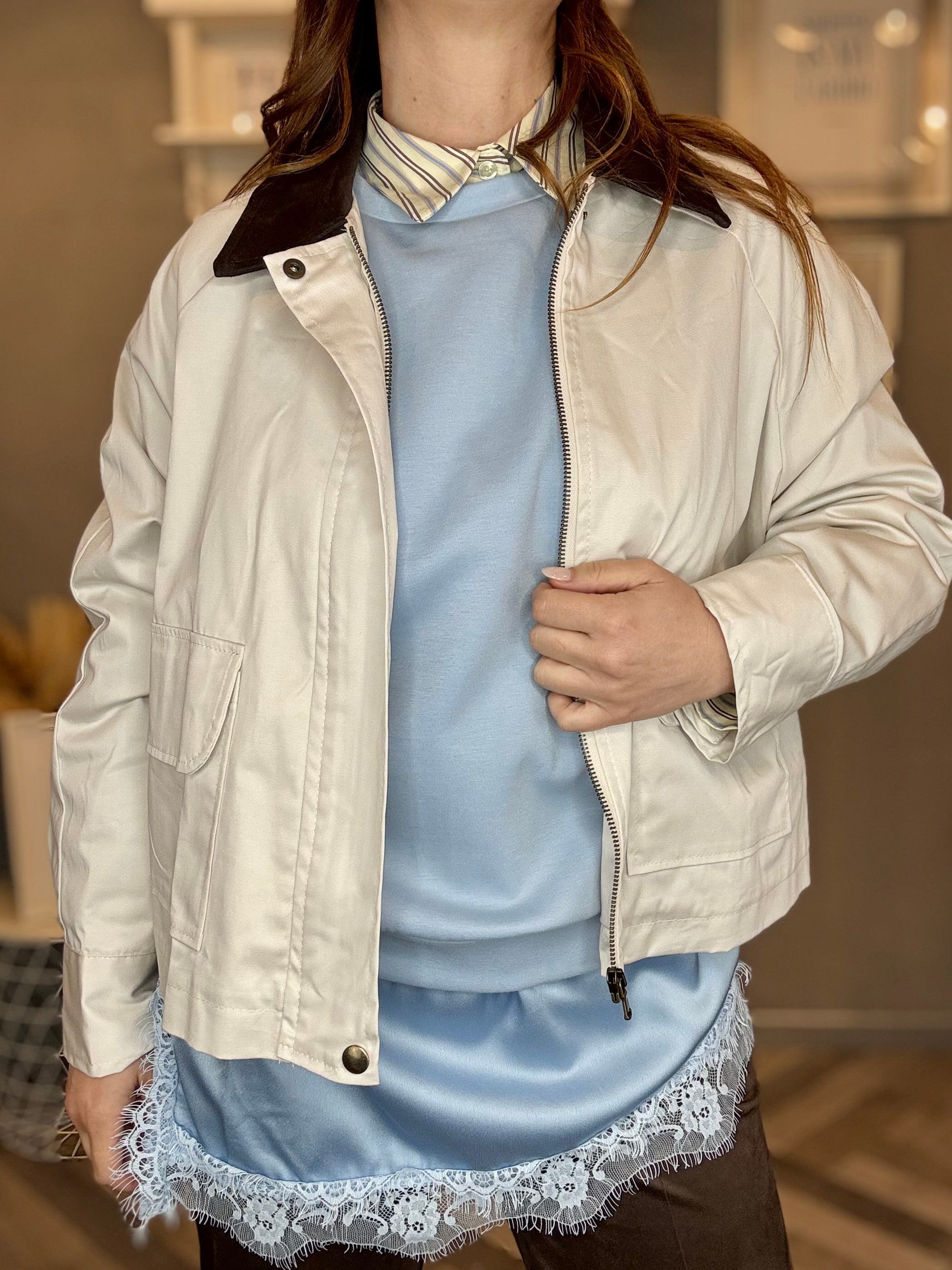 Bomber sabbia con colletto eco suede moro