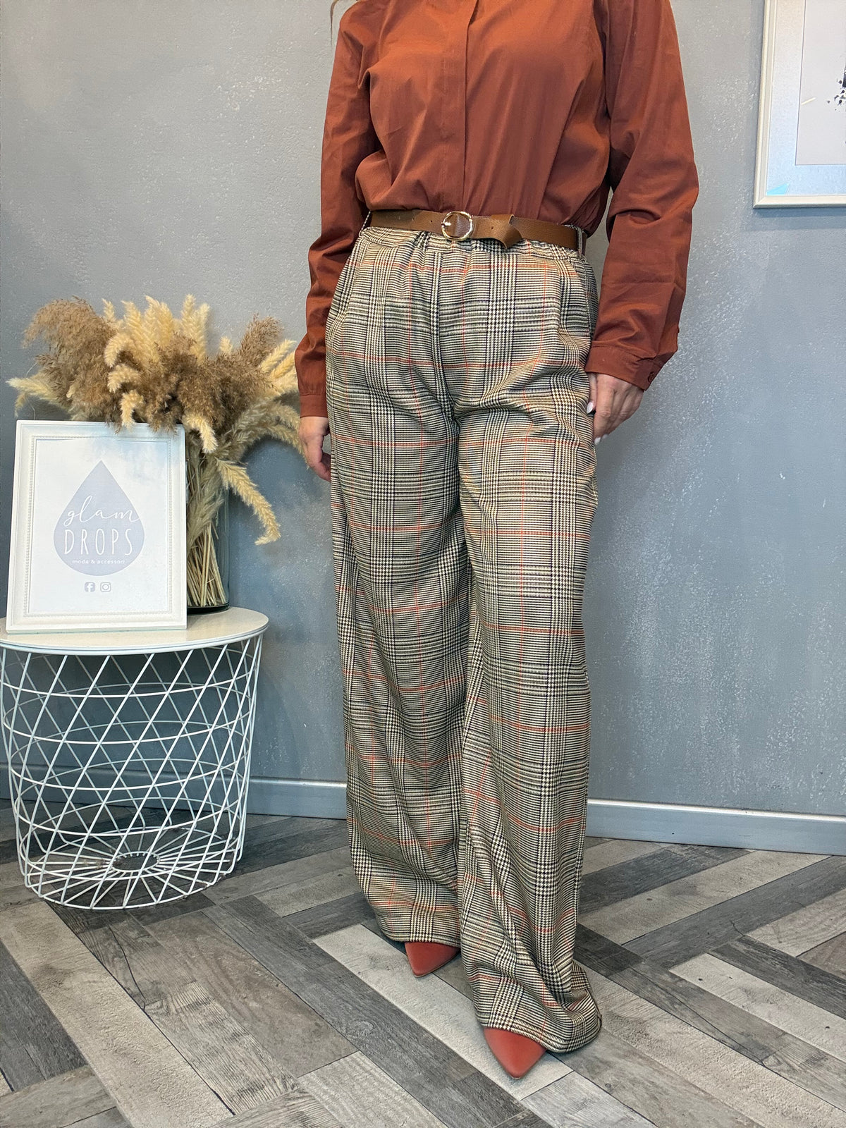 Pantalone palazzo check principe di Galles ruggine