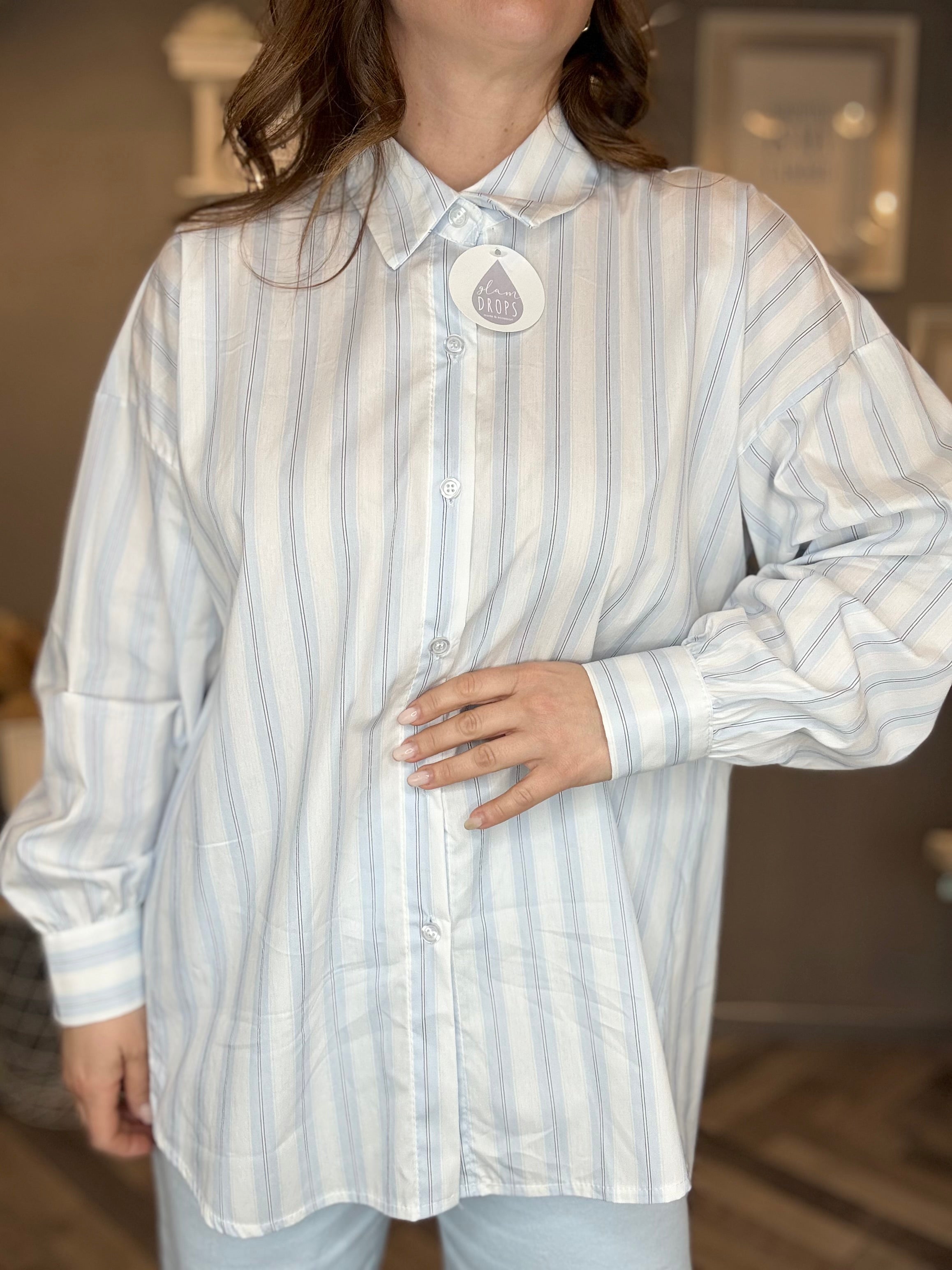 Camicia over righe soft celeste pastello
