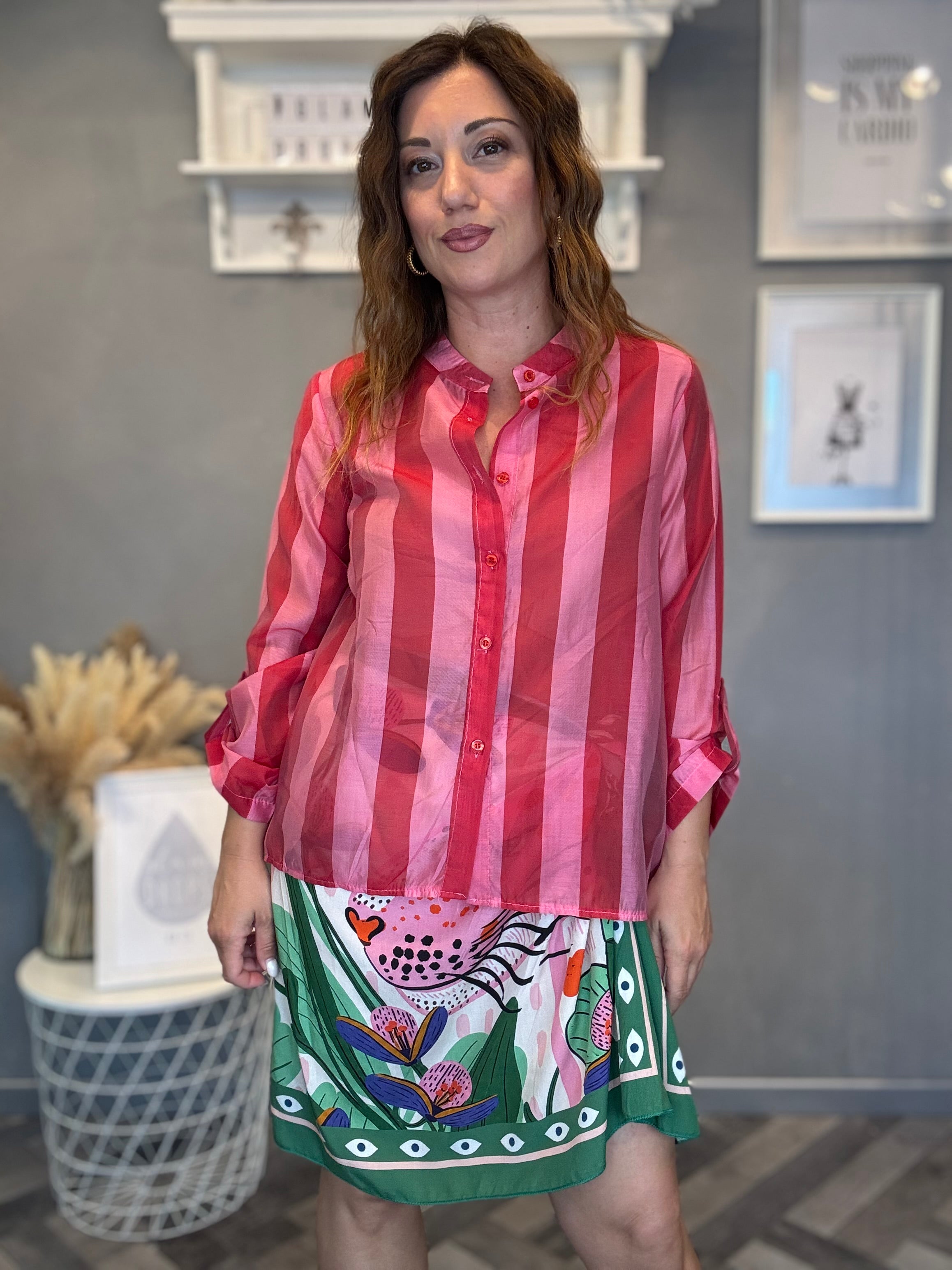 Camicia Isla Bonita bande roll-up fucsia e rosa