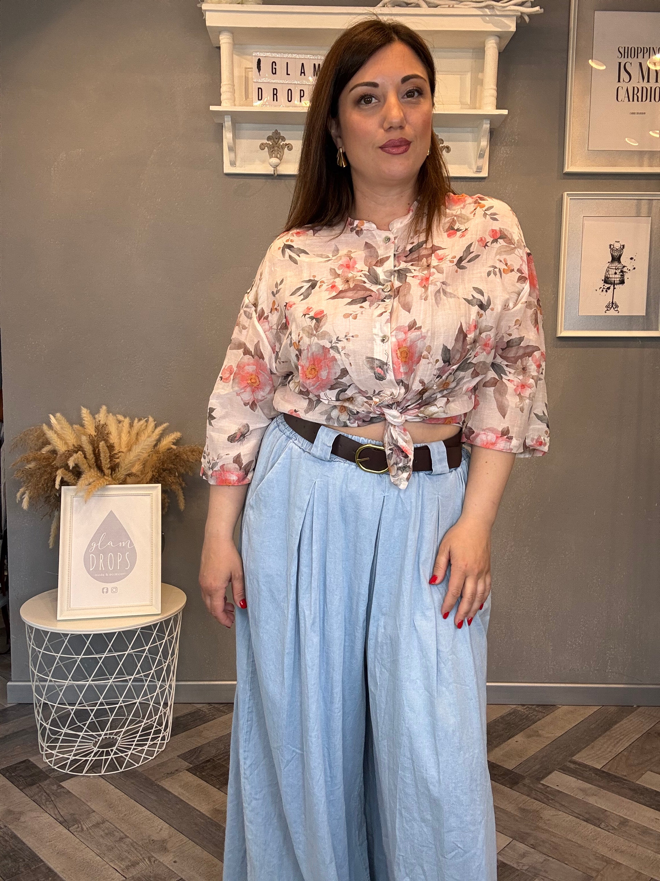 Camicia misto seta fiori corallo