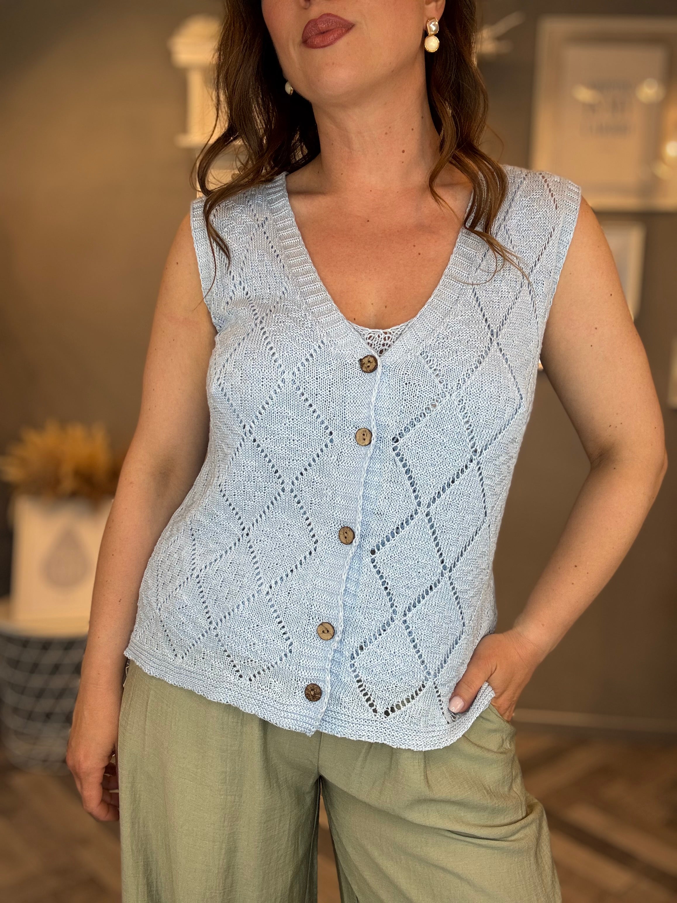 Gilet traforato rombi celeste