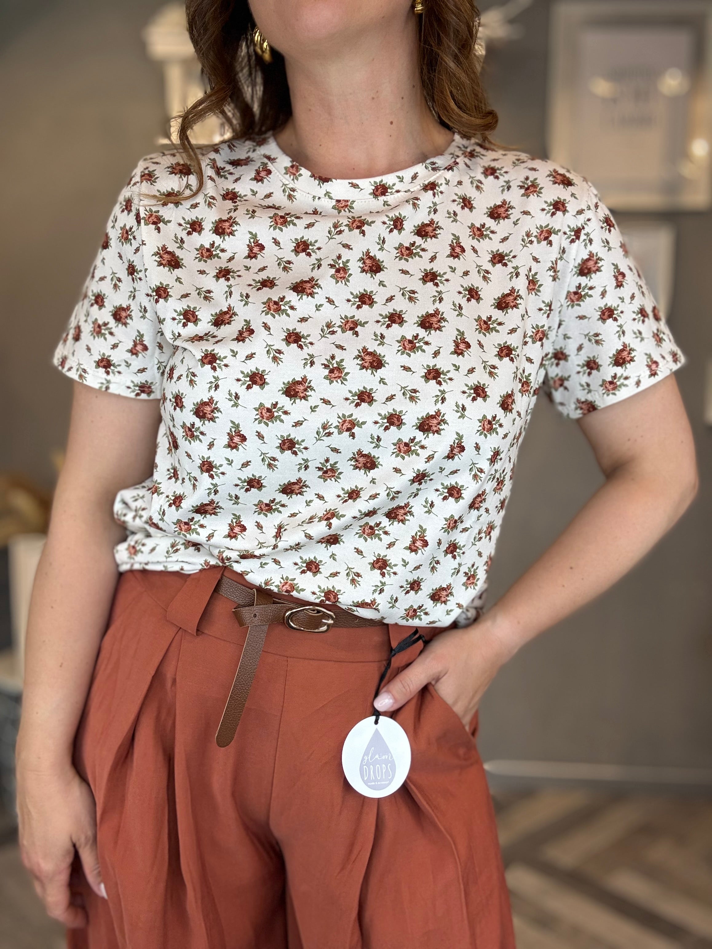 T-shirt fiori cuoio