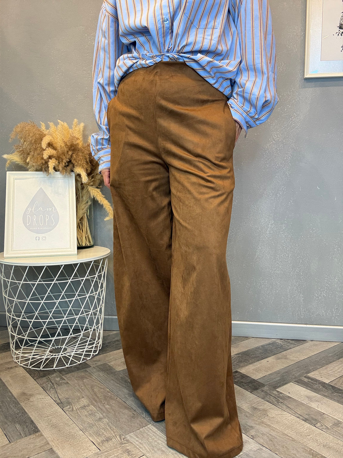 Pantalone palazzo eco suede cognac