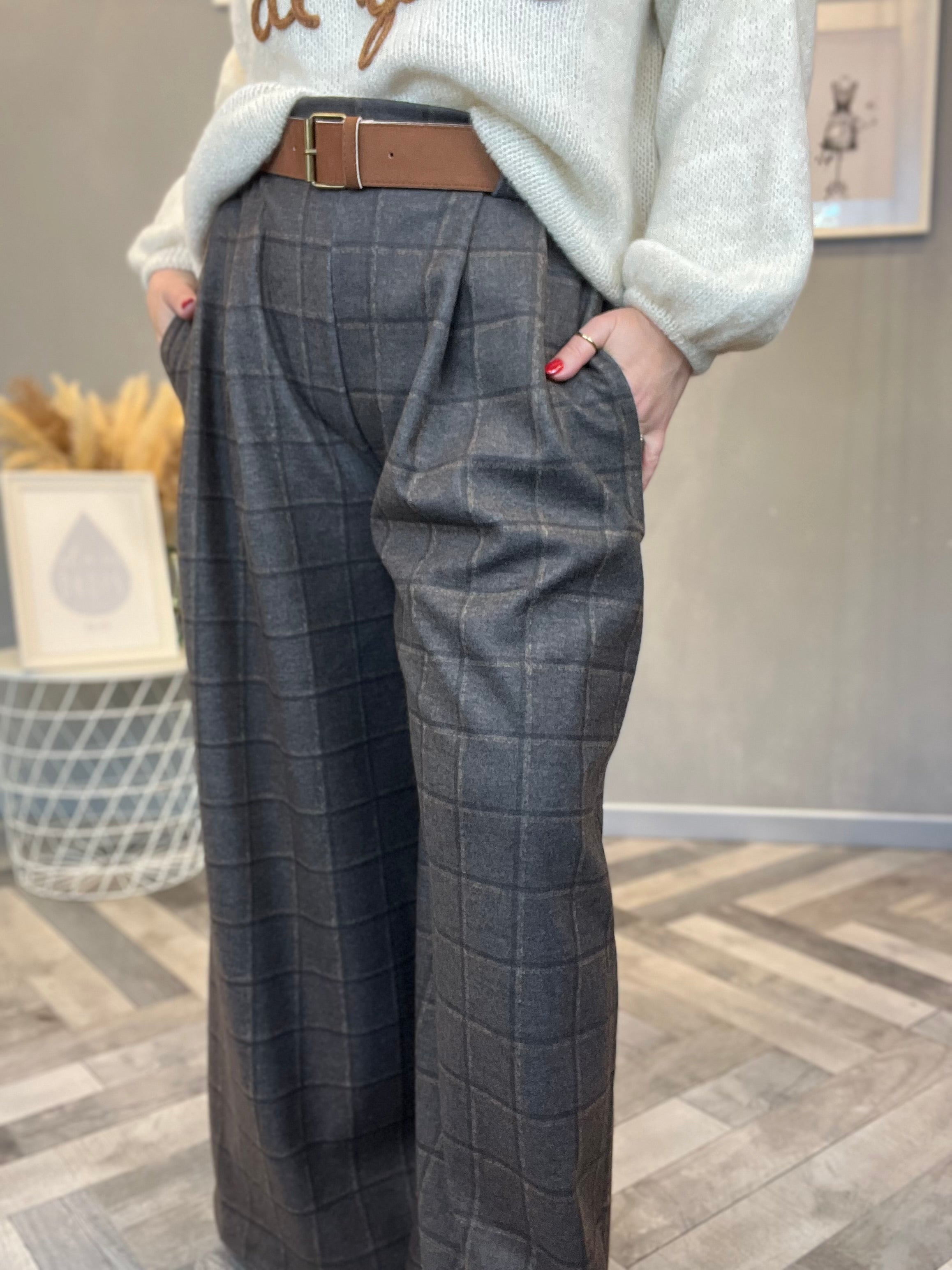 Pantalone palazzo flanella check grigio