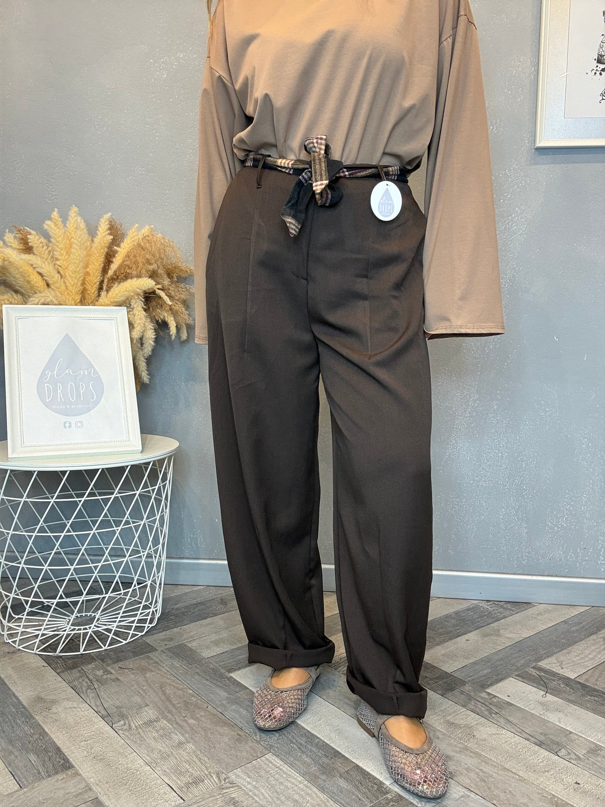 Pantalone check detail cioccolato