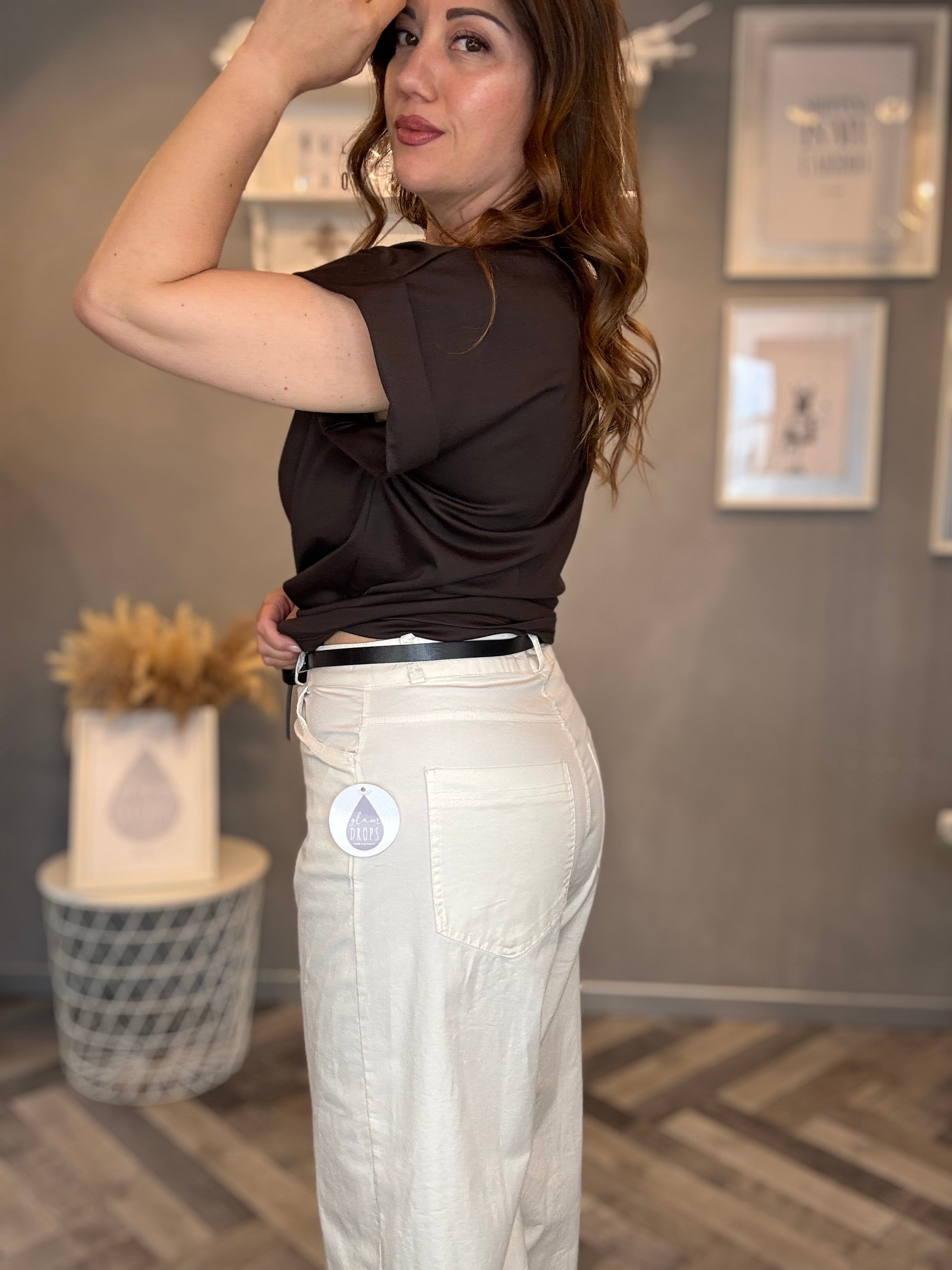 Pantalone wide leg panna in cotone