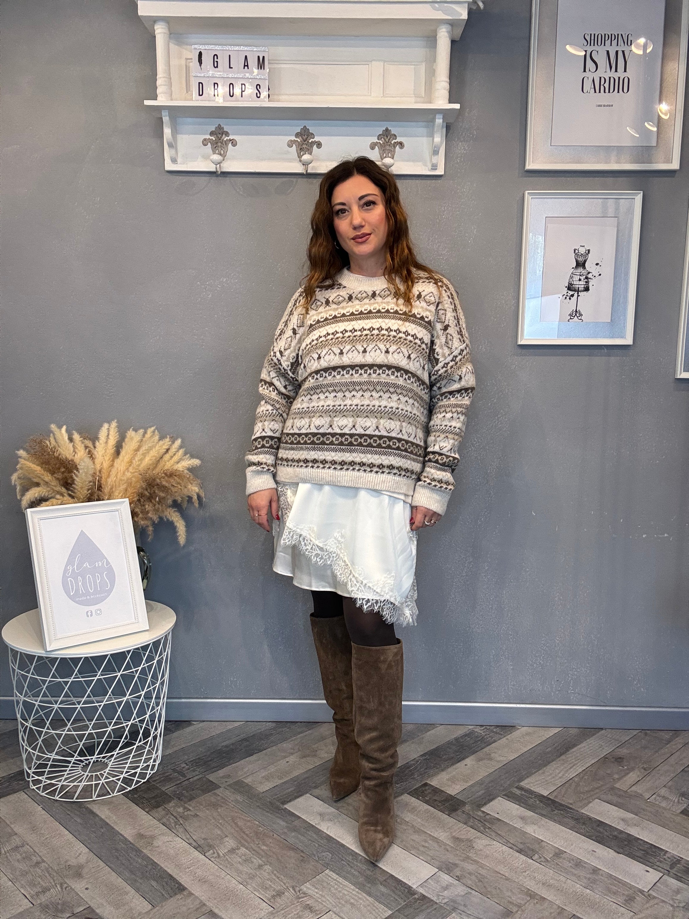 Maxi Maglia con satin e pizzo panna