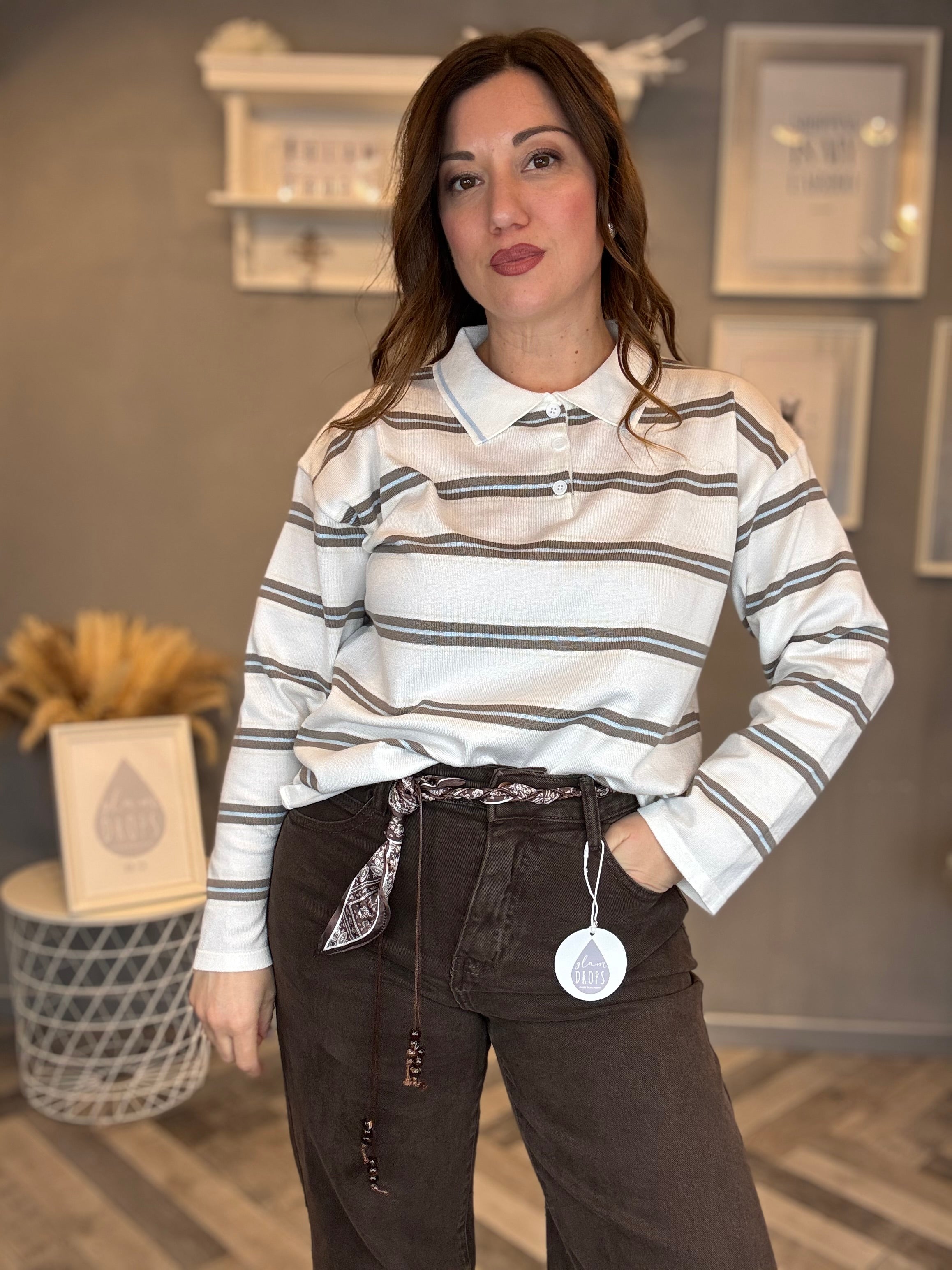Maglia polo bianca a righe celesti