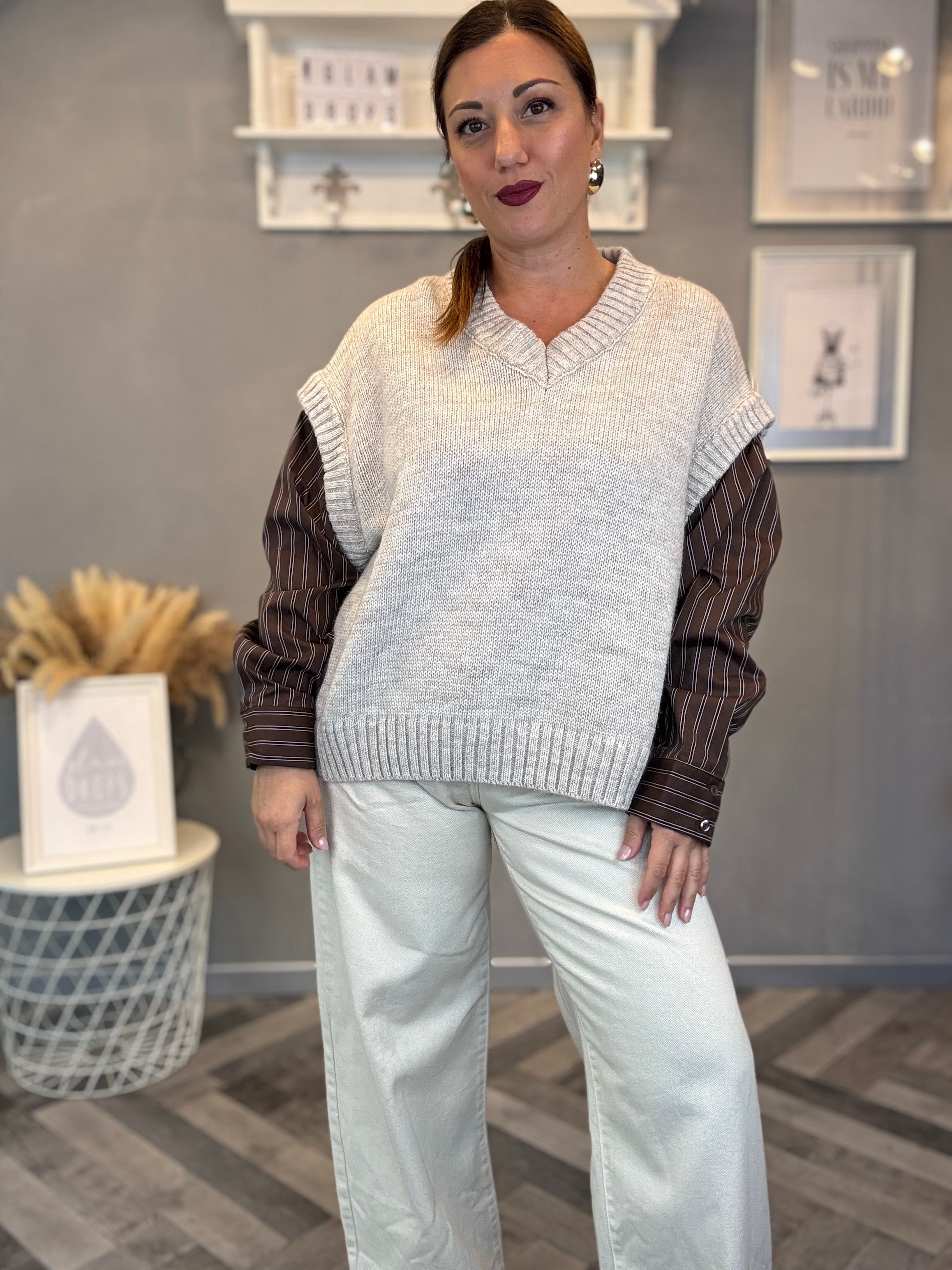 Lumina gilet in maglia cacha maniche camicia cioccolato