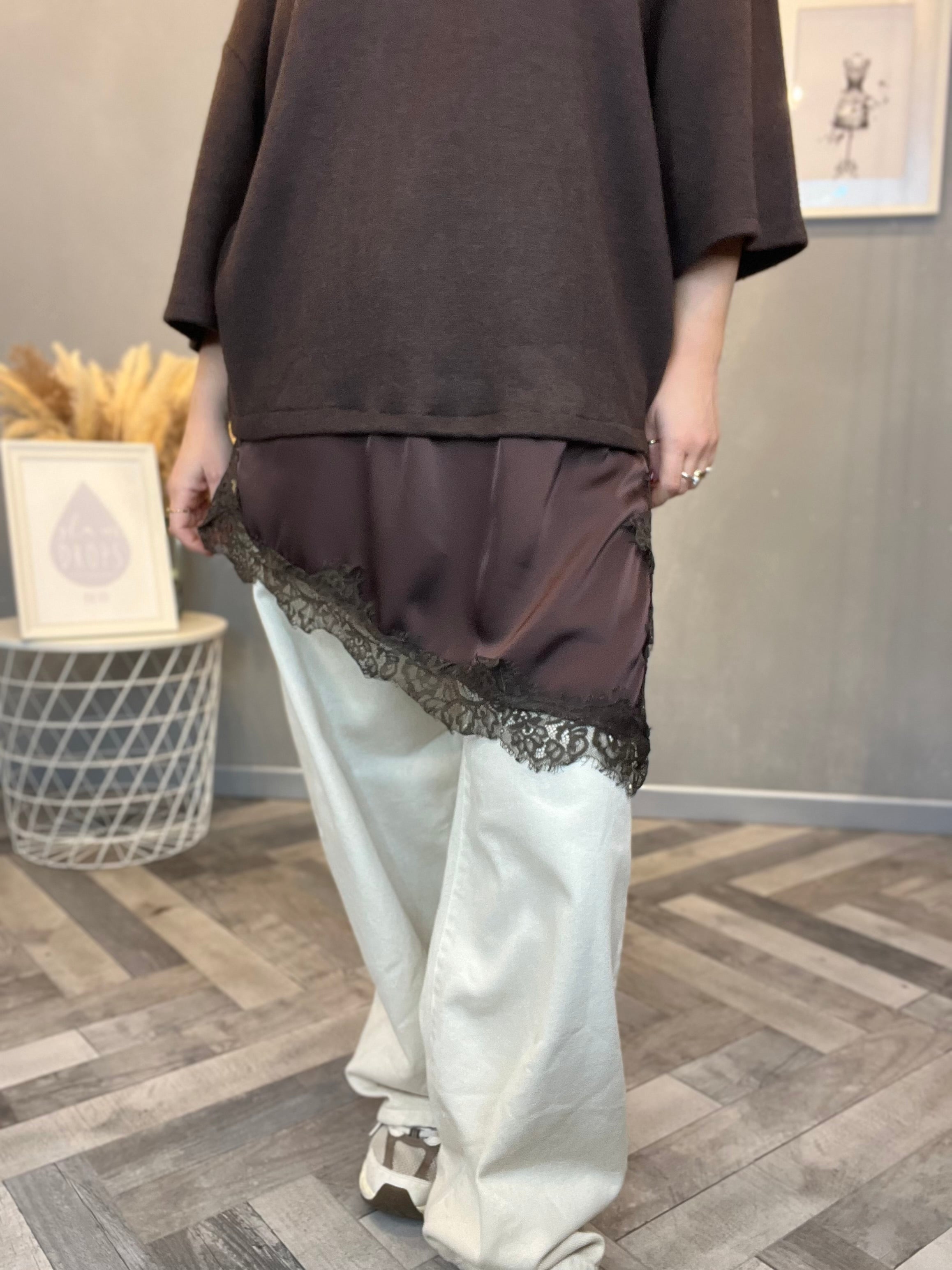Maxi Maglia con satin e pizzo cioccolato