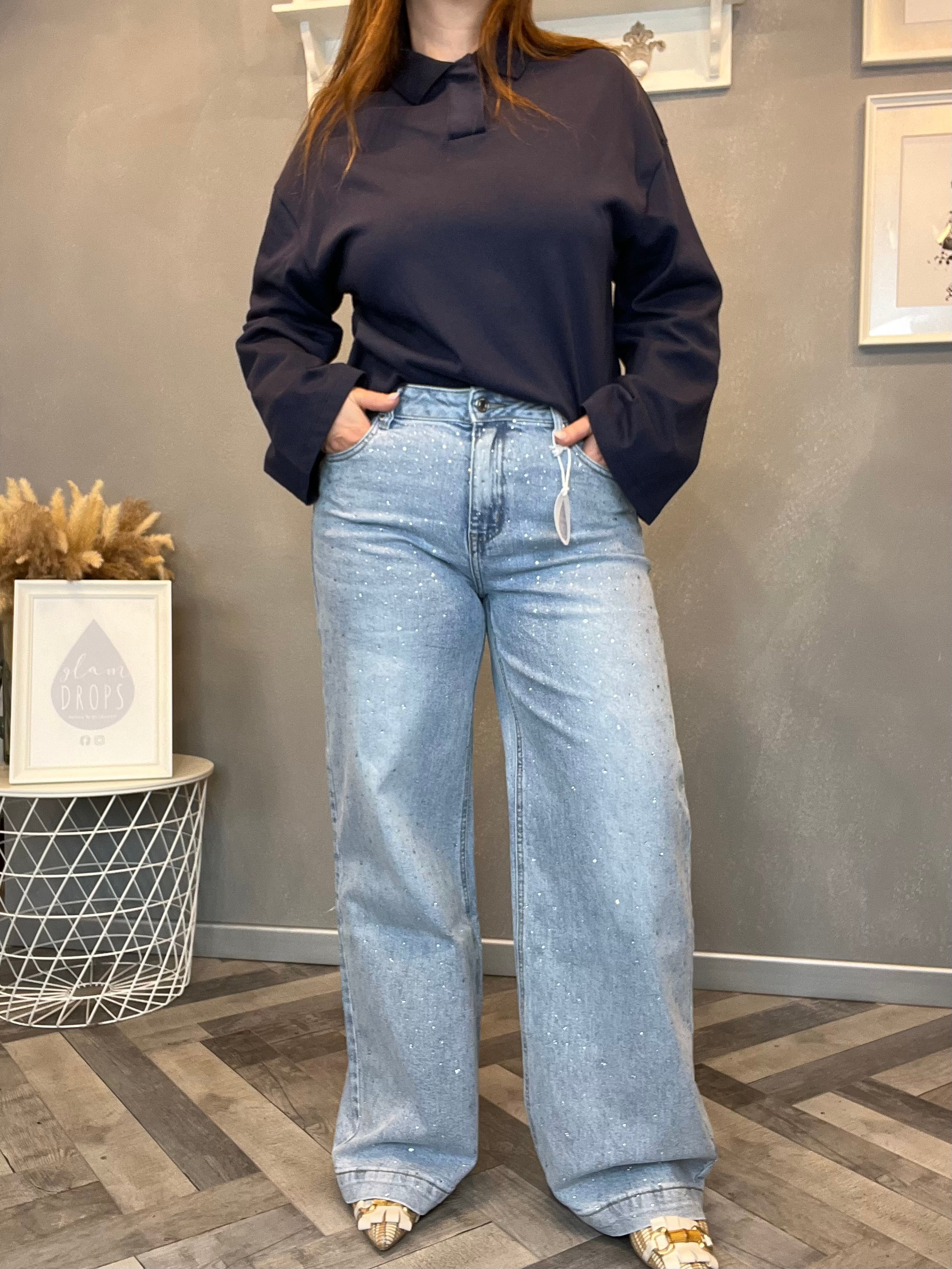 Jeans wide leg con strass