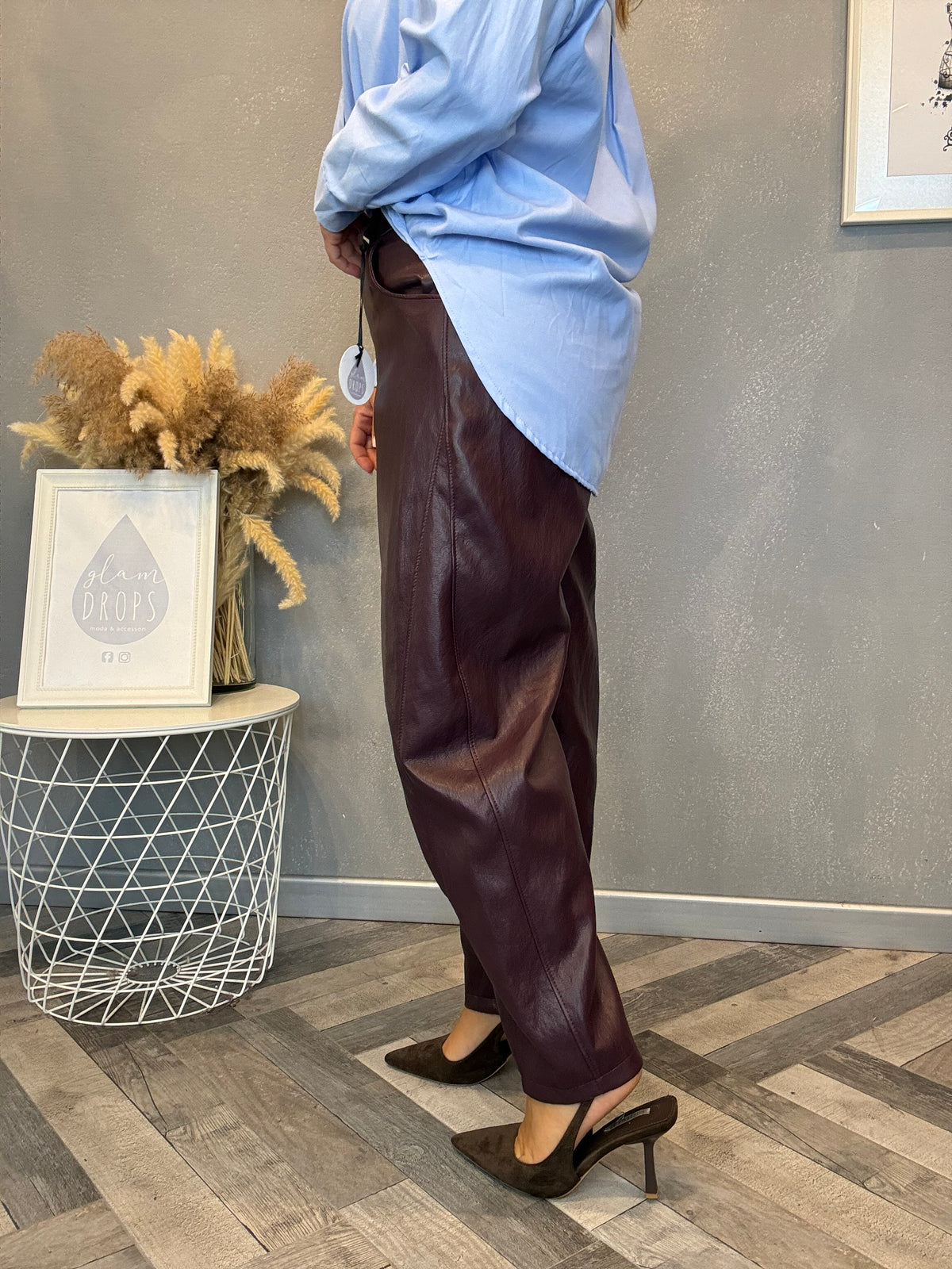 Pantalone ecopelle barrel borgogna