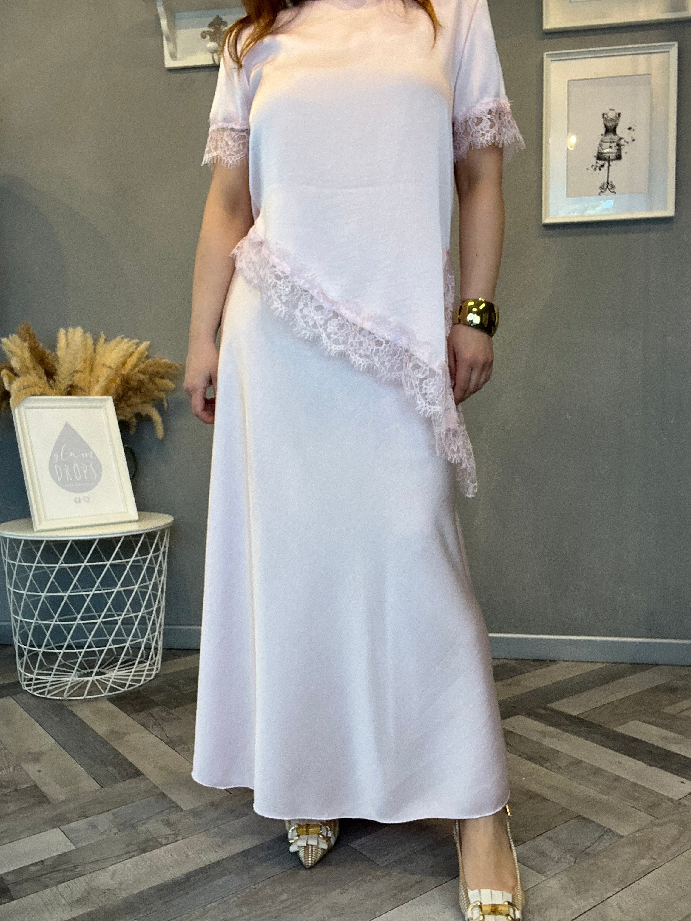 Gonna satin lunga Lety rosa pastello