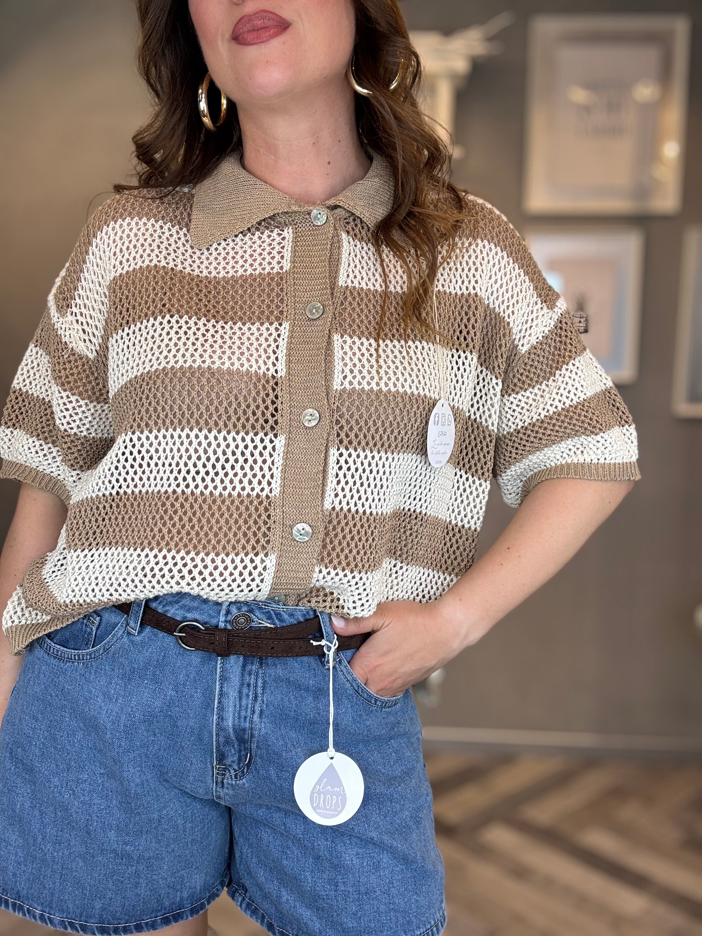 Polo traforata righe beige