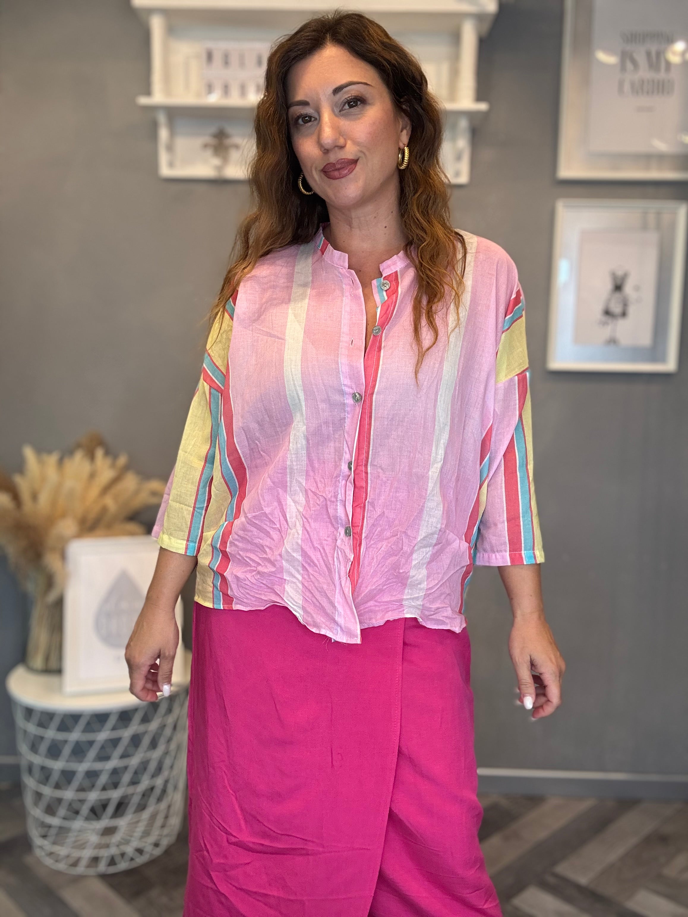 Camicia Isla Bonita coreana multiriga rosa, fucsia e giallo pastello