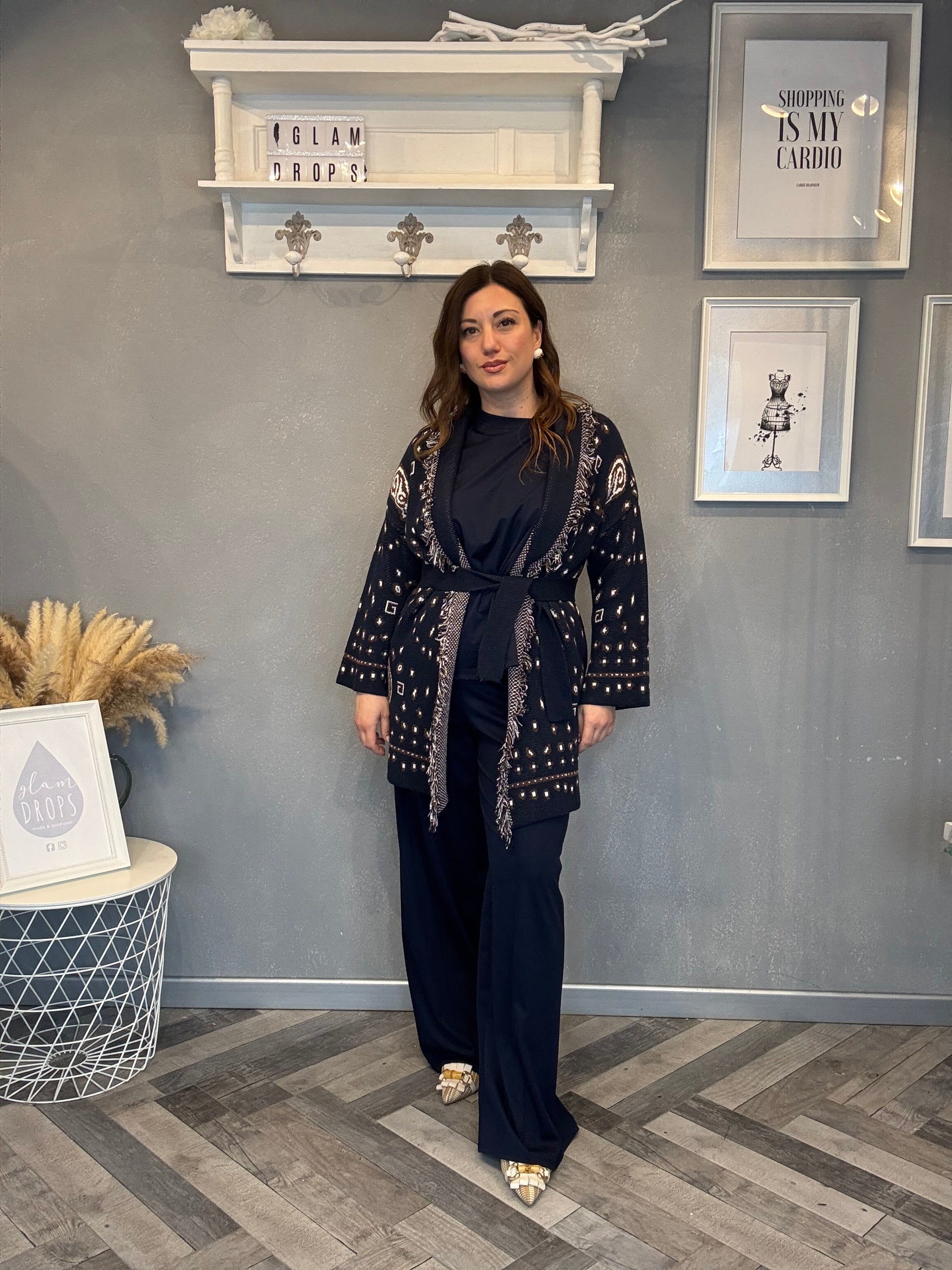 Cardigan jacquard blu con frange