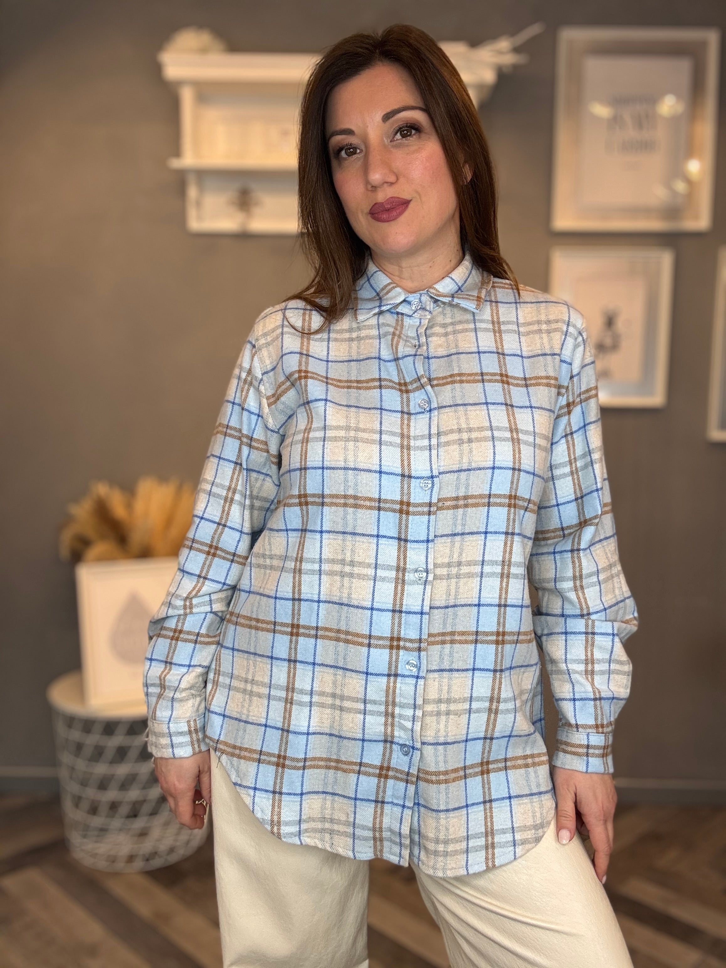 Camicia flanella check celeste