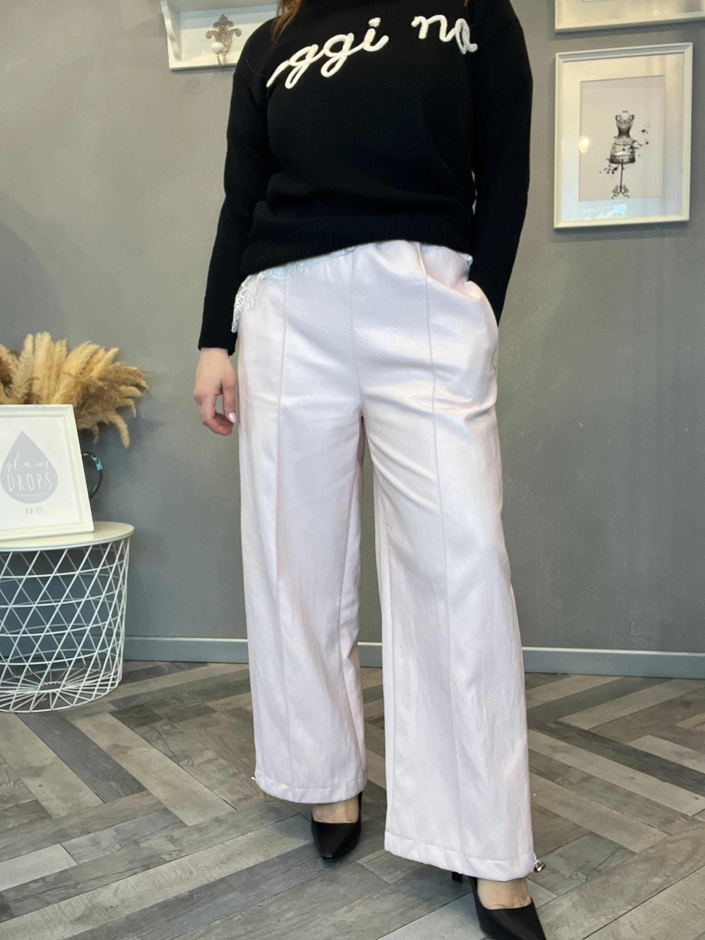 Pantalone ecopelle rosa pastello con coulisse