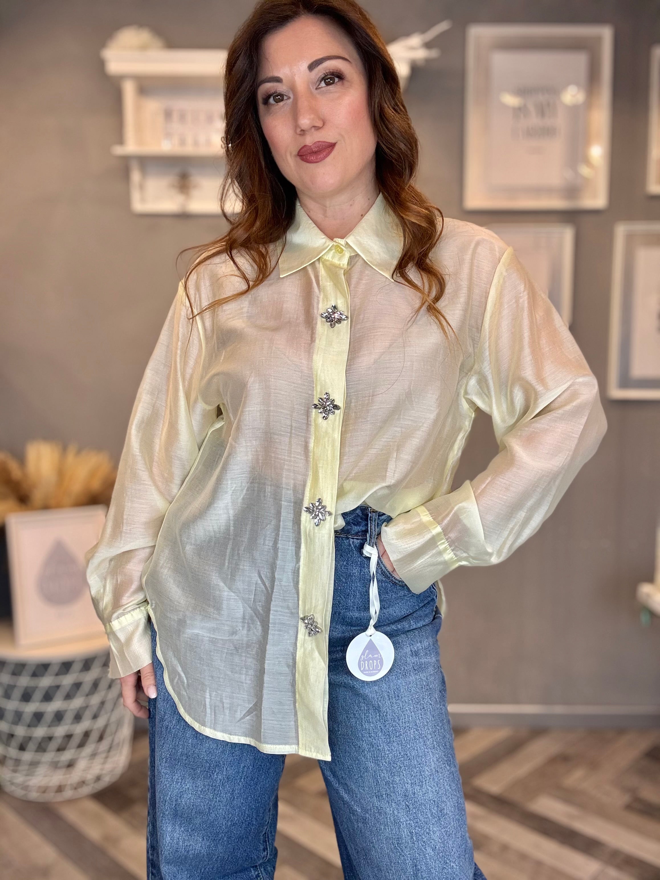Camicia gioiello in tencel giallo pastello