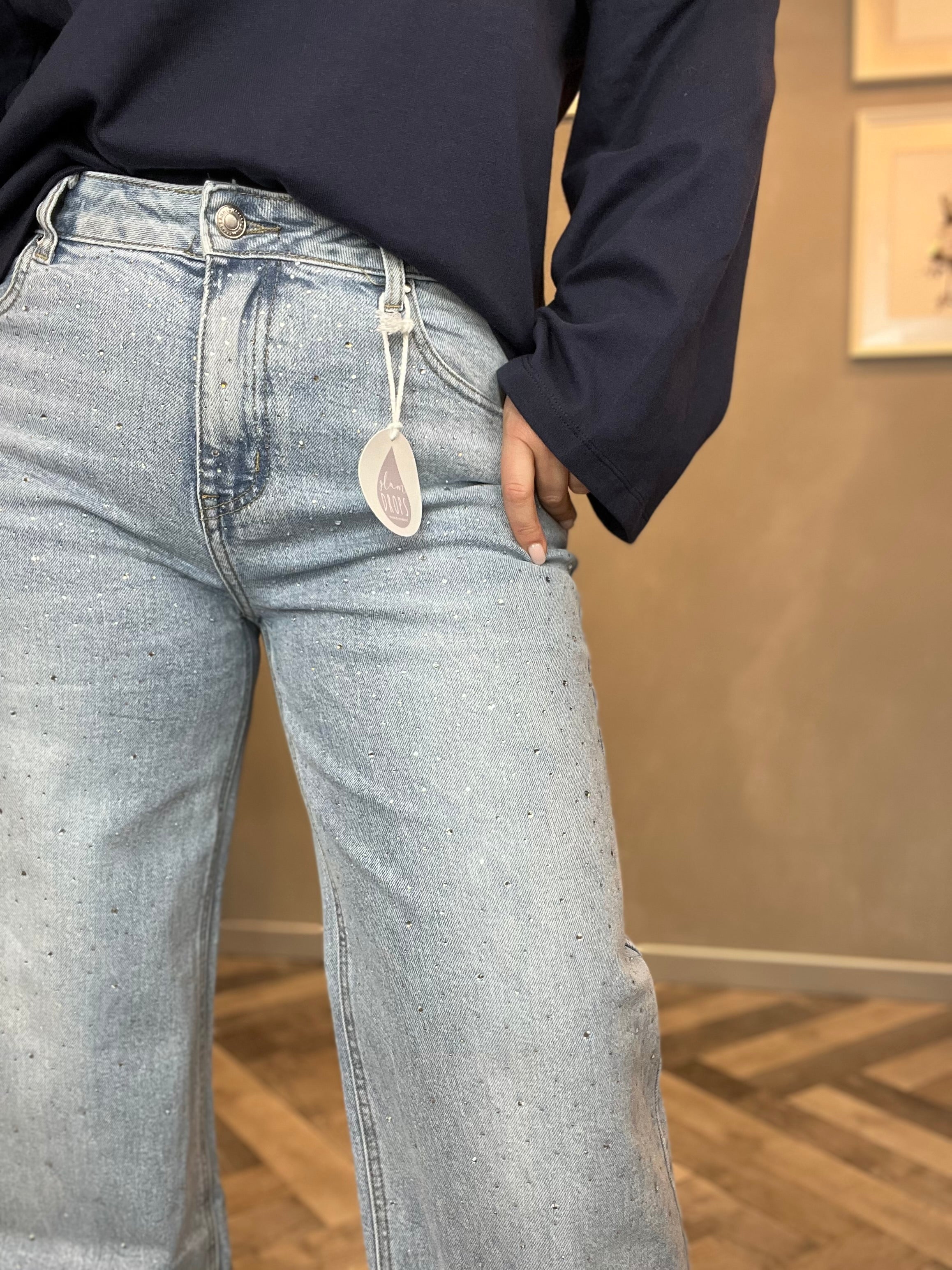 Jeans wide leg con strass