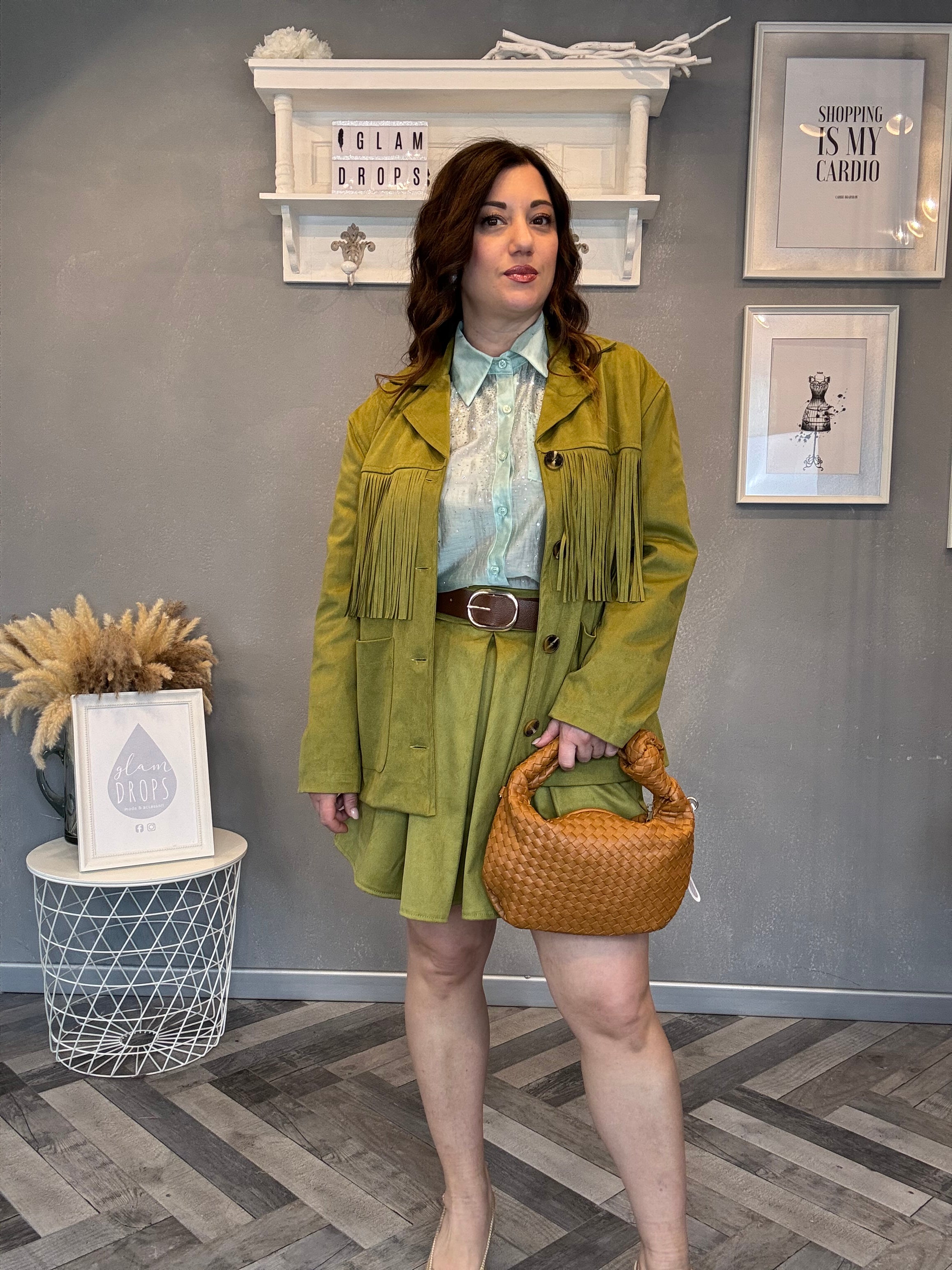 Giacca in eco suede effetto scamosciato con frange