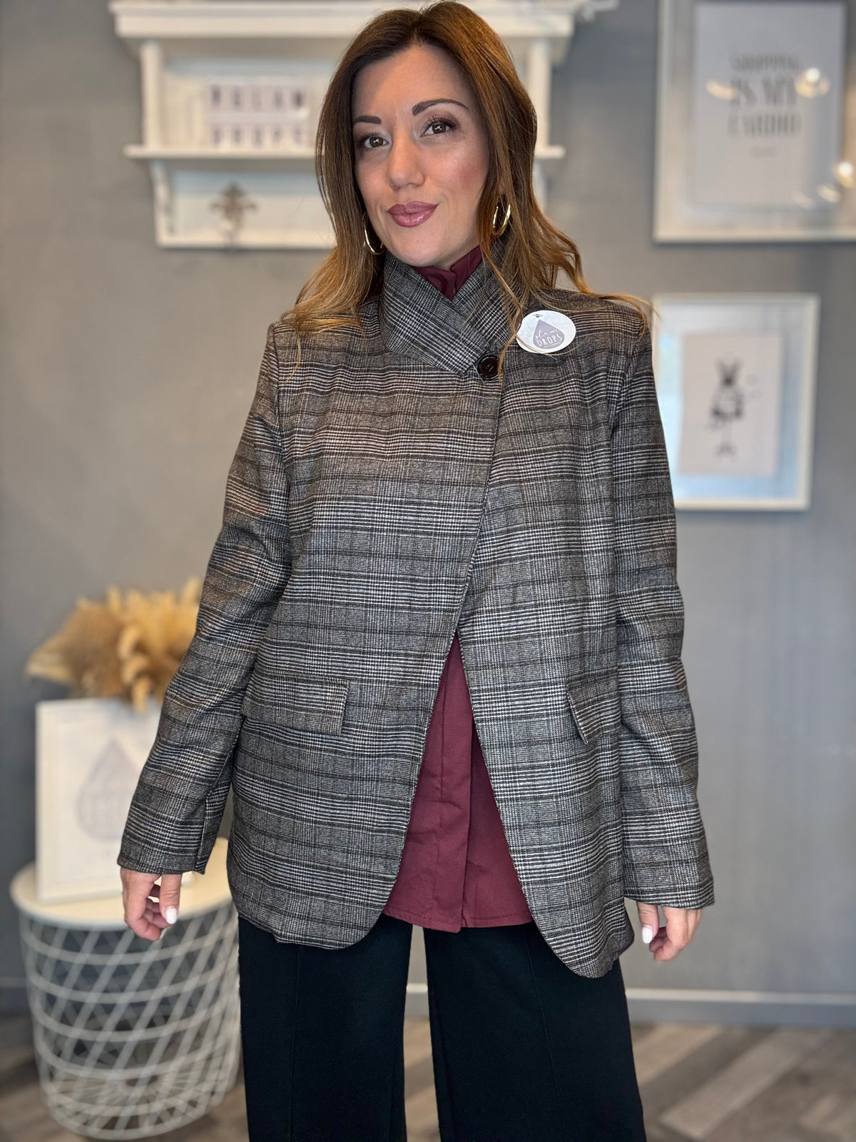 Blazer check grigio collo incrociato