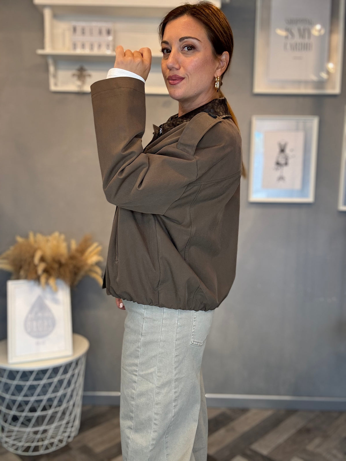 Bomber collo intrecciato fango