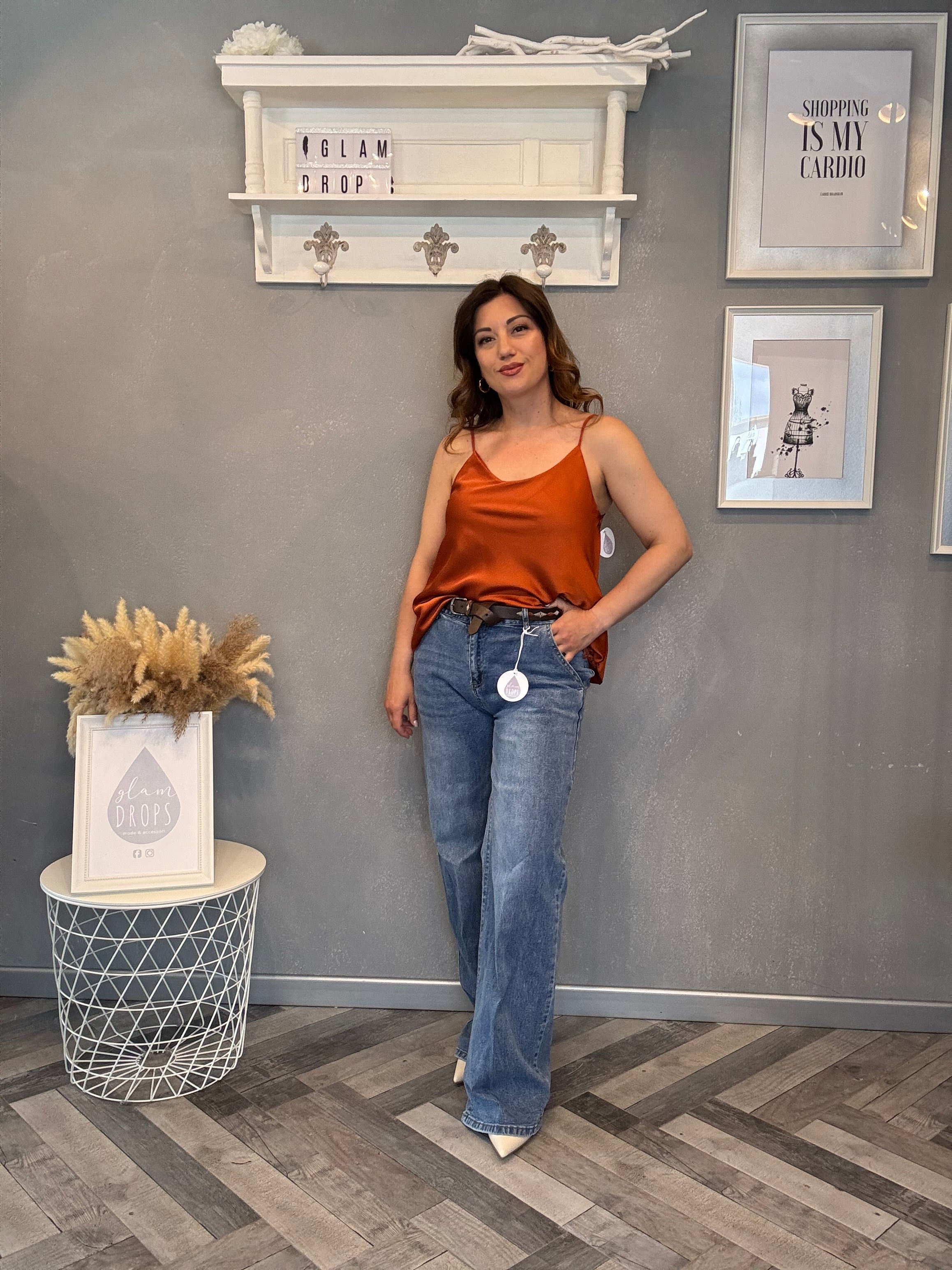 Top Satin con pizzo ruggine