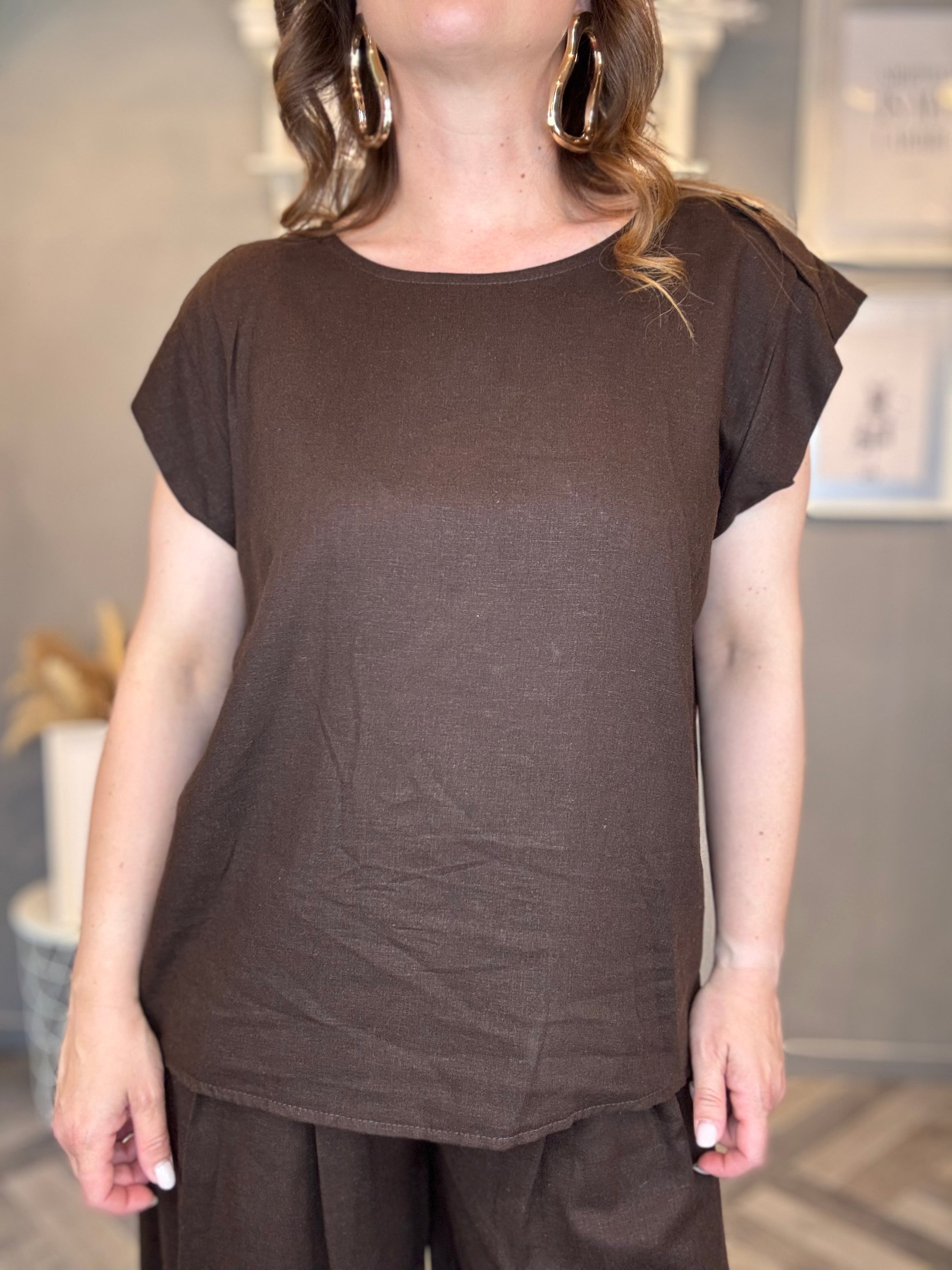 Blusa in misto lino cioccolato
